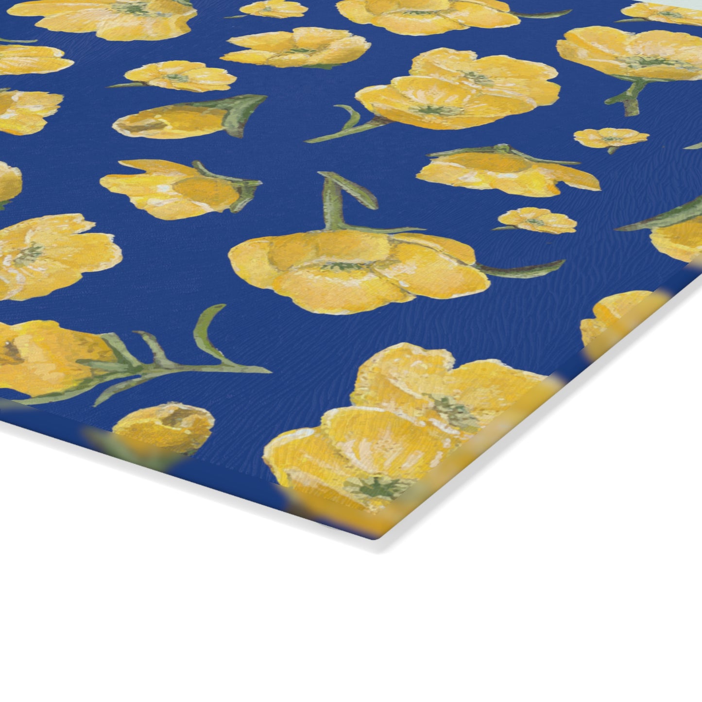 Glass Cutting Board, Kitchen Accessory, Buttercups, Dark Blue Background, Oklahoma Wildflower, Yellow Floral