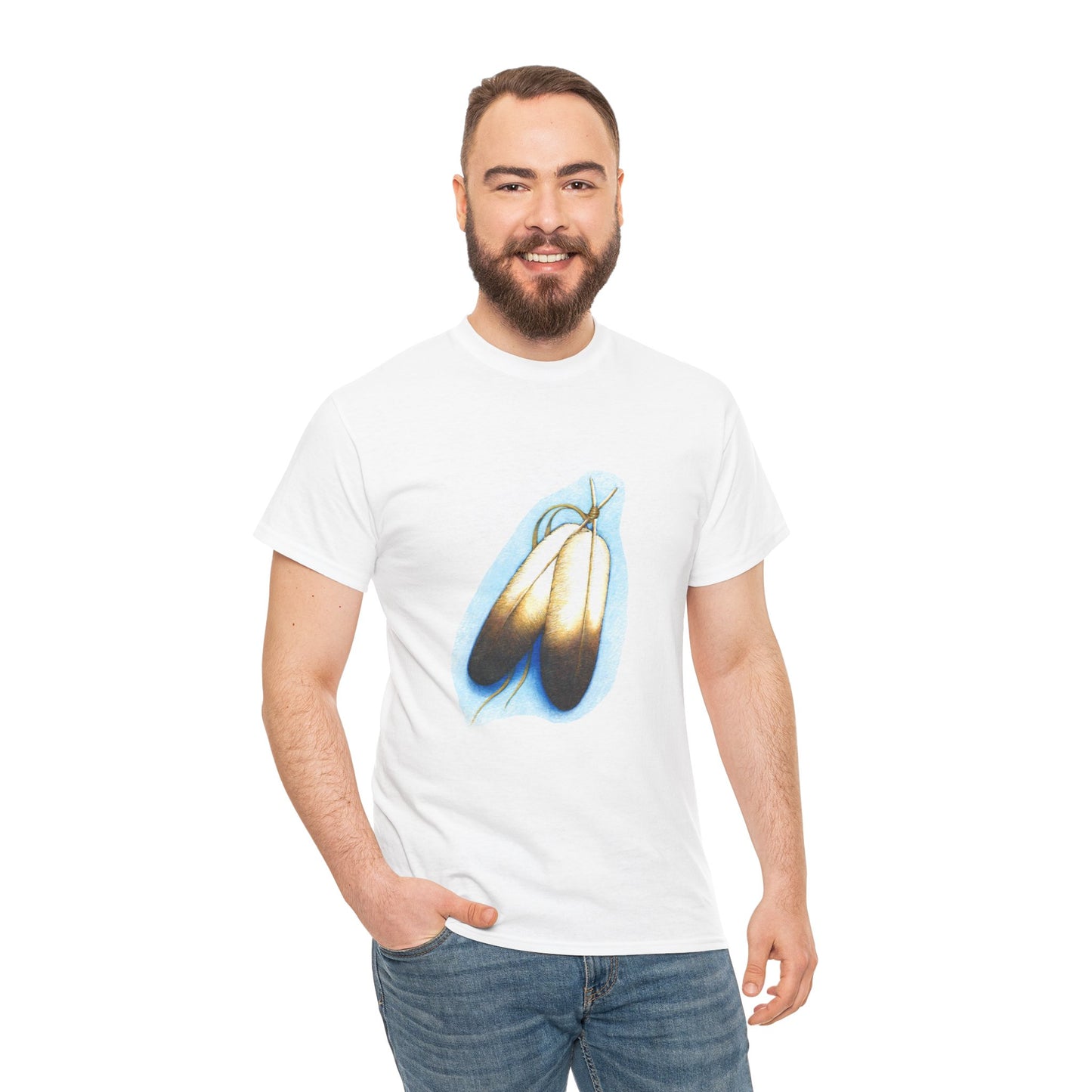 Artistic Unisex Heavy Cotton Tee, Double Feather, Native Feathers, Two Feathers T-Shirt
