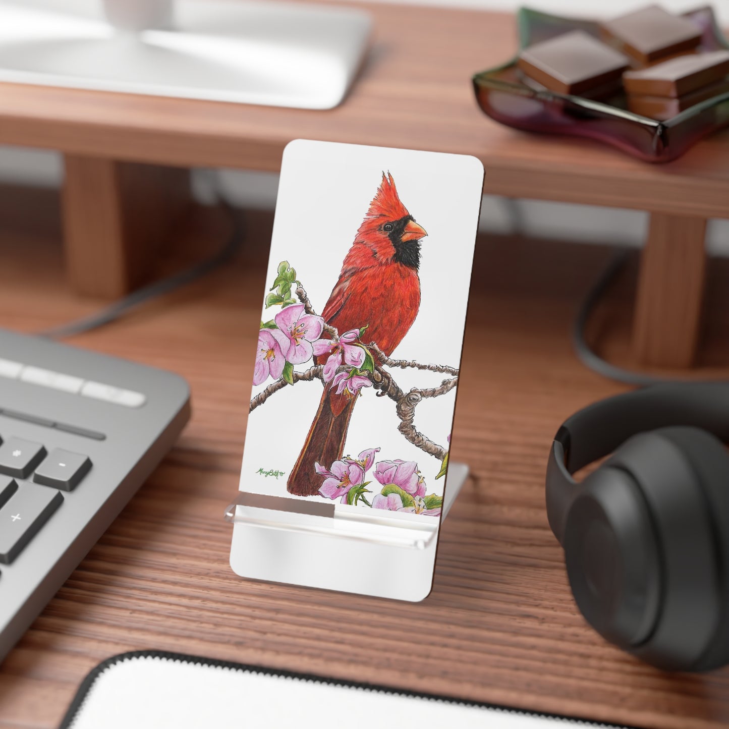 Mobile Display Stand for Smartphones, Northern Cardinal on Pink Floral, "Reflections", Spring Cardinal, Wild Bird, Cardinal Art