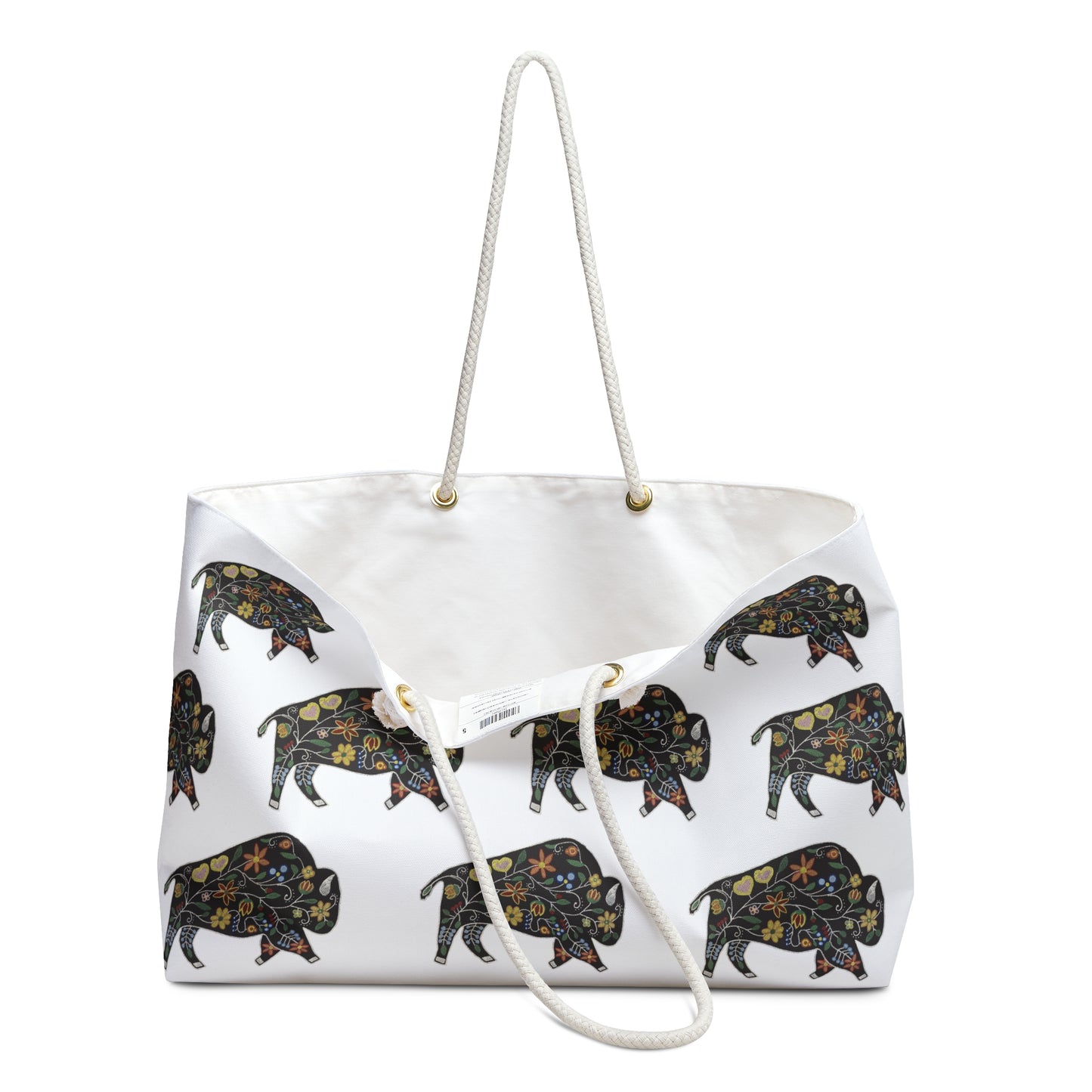 Weekender Bag, White, Floral Motif, Bison, Buffalo, Native American, PowWow Tote