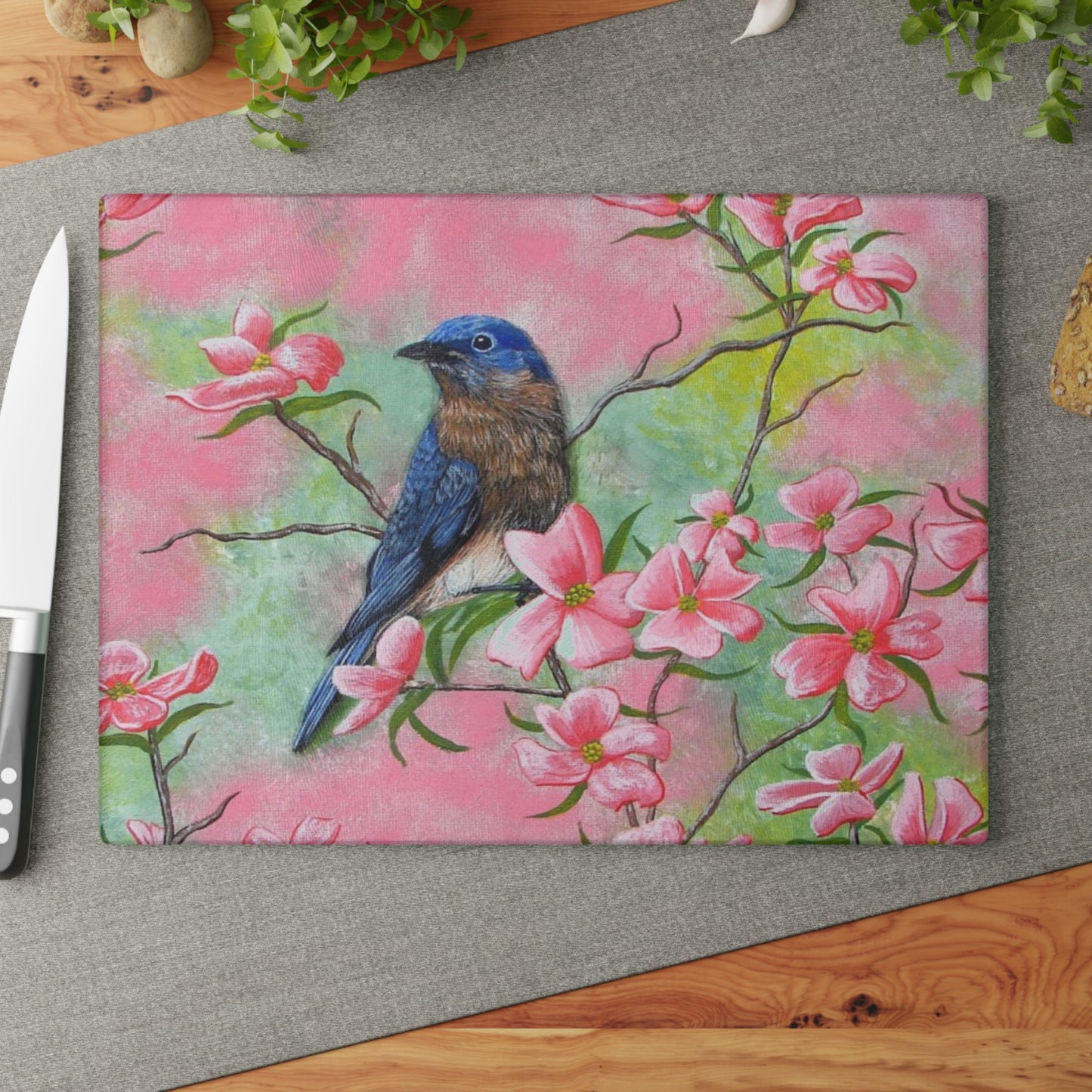 Glass Cutting Board, Kitchen Accessory, Eastern Bluebird on Pink Dogwood