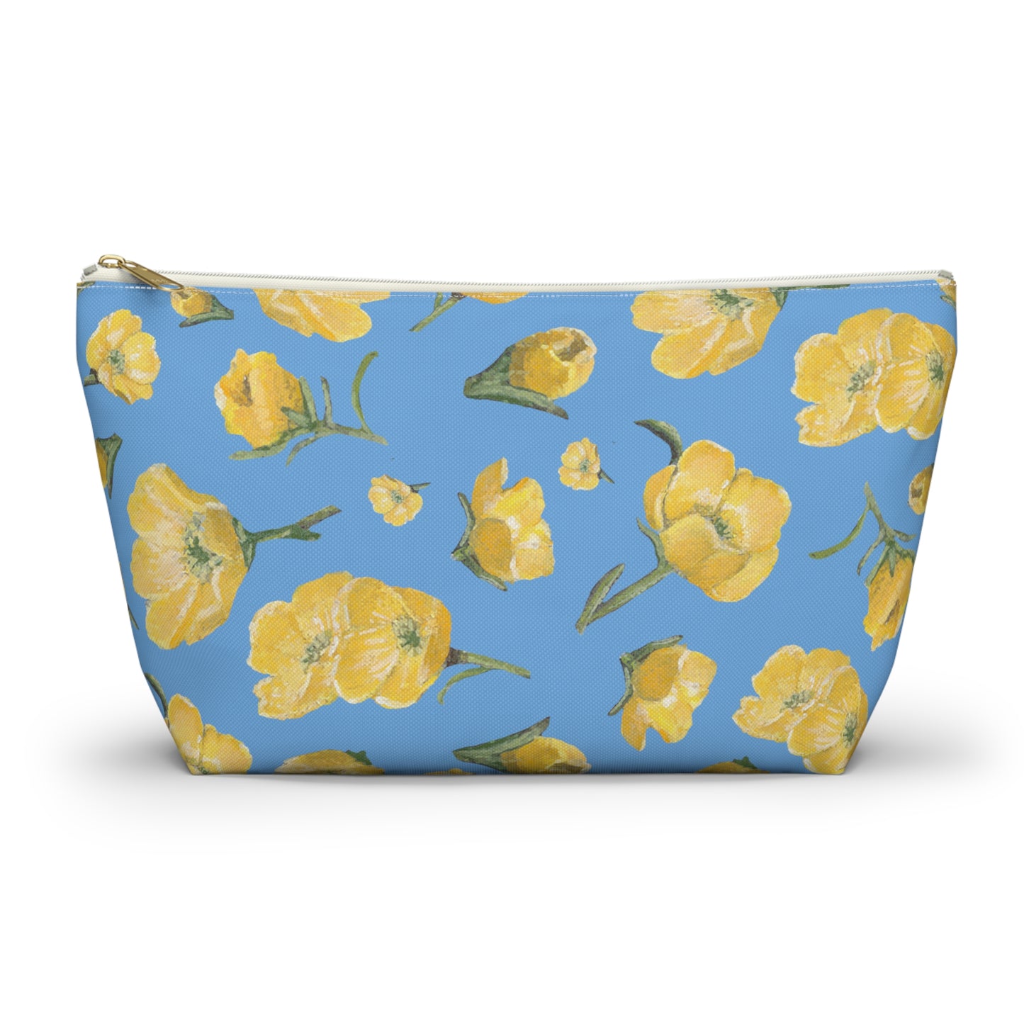 Accessory Pouch w T-bottom, Buttercups, Light Blue Background, Oklahoma Wildflower, Yellow Floral