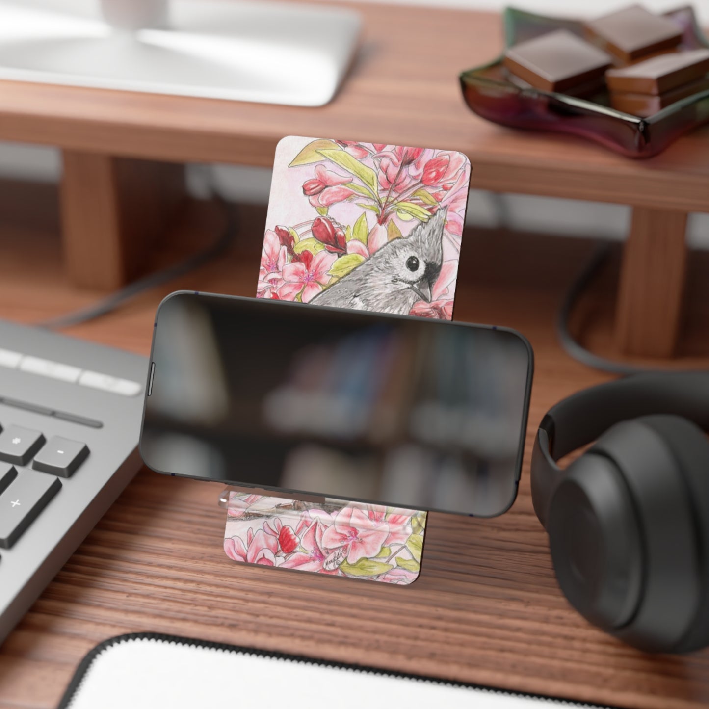Mobile Display Stand for Smartphones, Tufted Titmouse, Wild Bird Art, Bird with Pink Floral, Cell Phone Stand