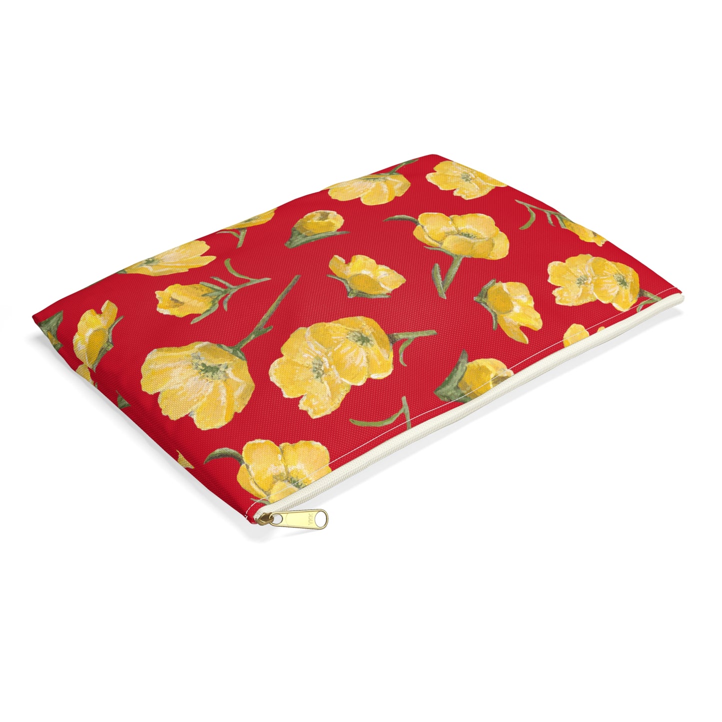 Accessory Pouch, Buttercups, Red Background, Oklahoma Wildflower, Yellow Floral