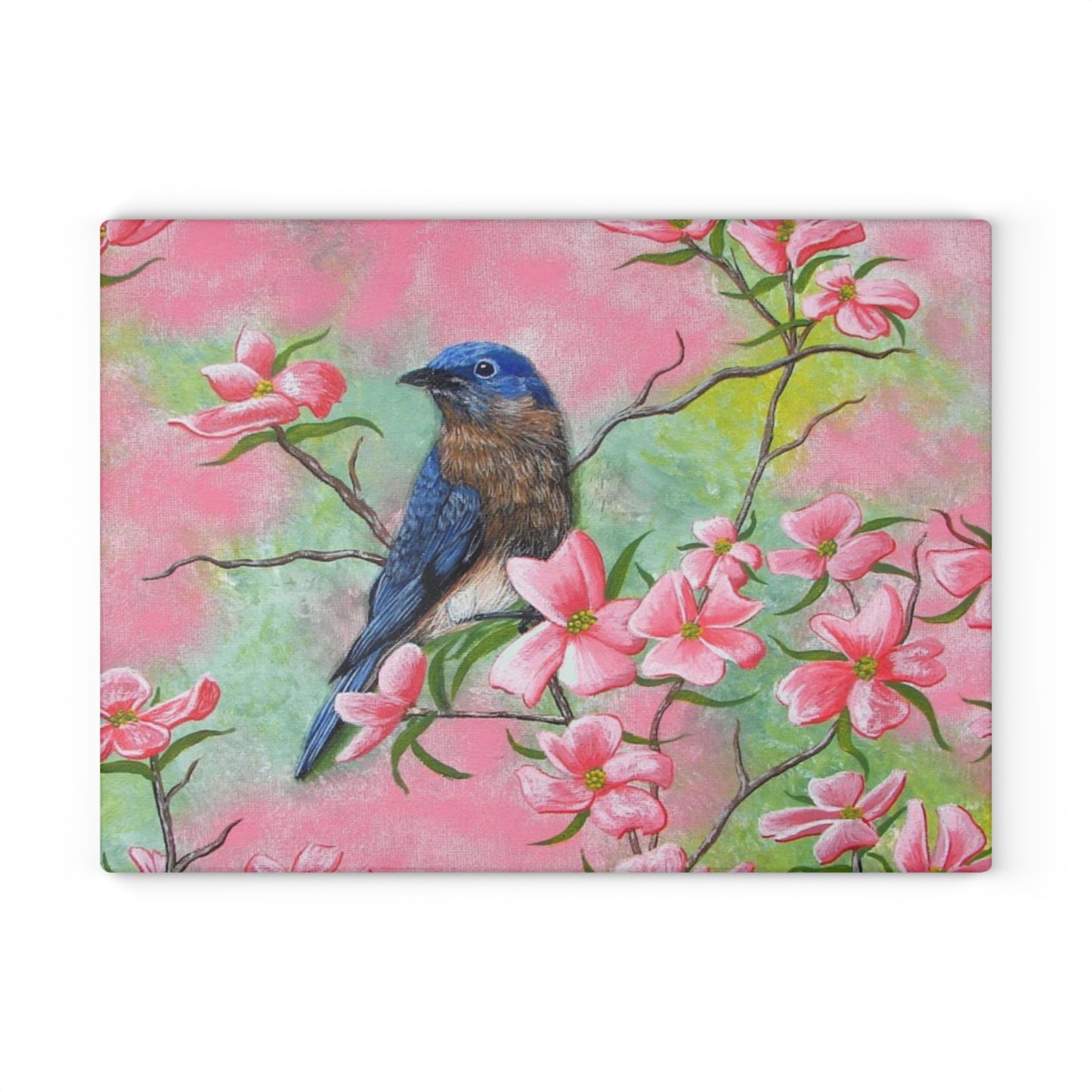Glass Cutting Board, Kitchen Accessory, Eastern Bluebird on Pink Dogwood