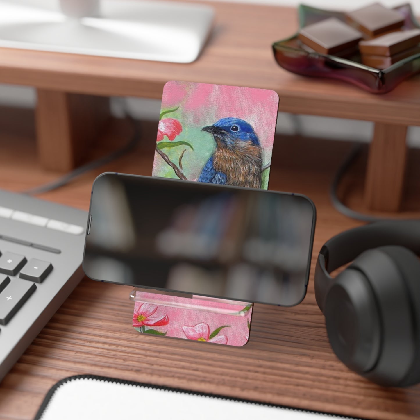 Mobile Display Stand for Smartphones, Eastern Bluebird on Pink Dogwood, "Pretty in Pink", Song Bird, Wild Bird, Bird Art