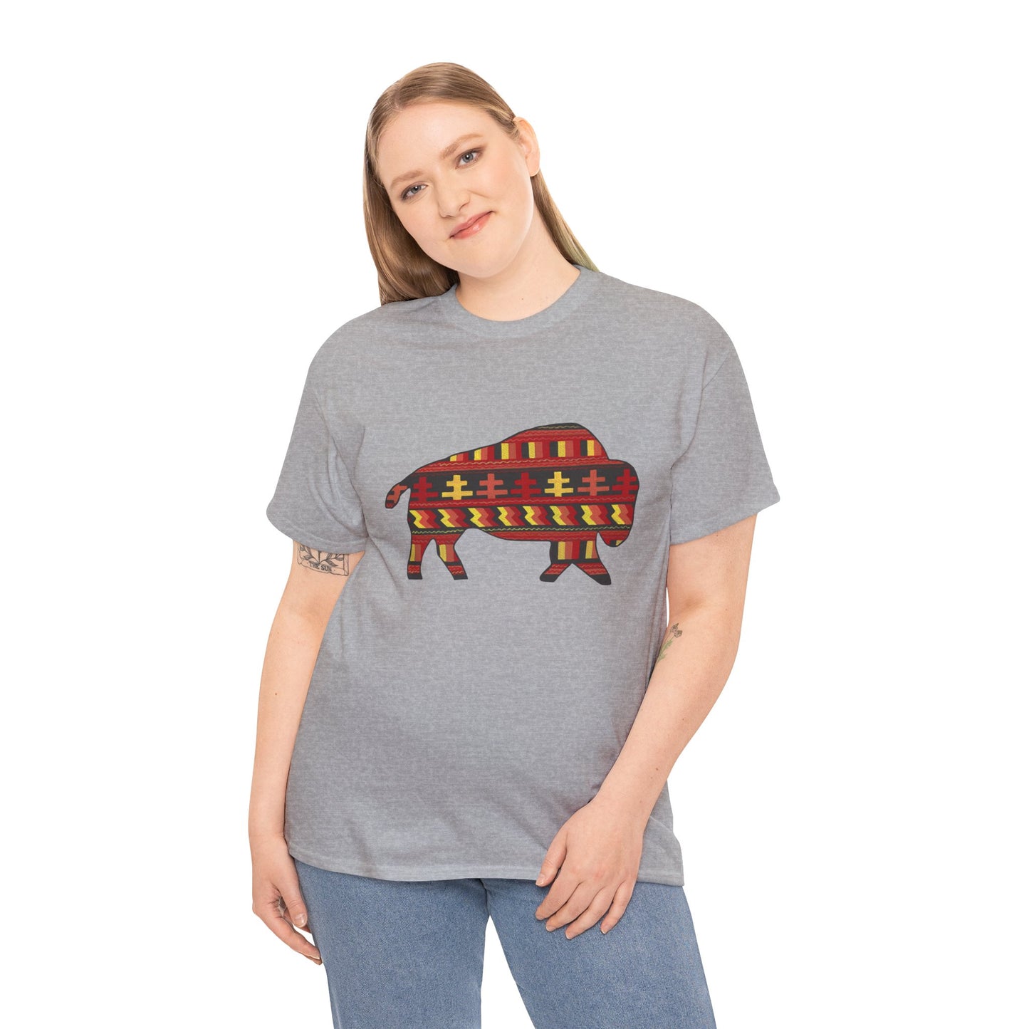 Unisex Heavy Cotton Tee, Seminole Patchwork Patterned Bison, Tribal Motif, Native Design, Indigenous Buffalo