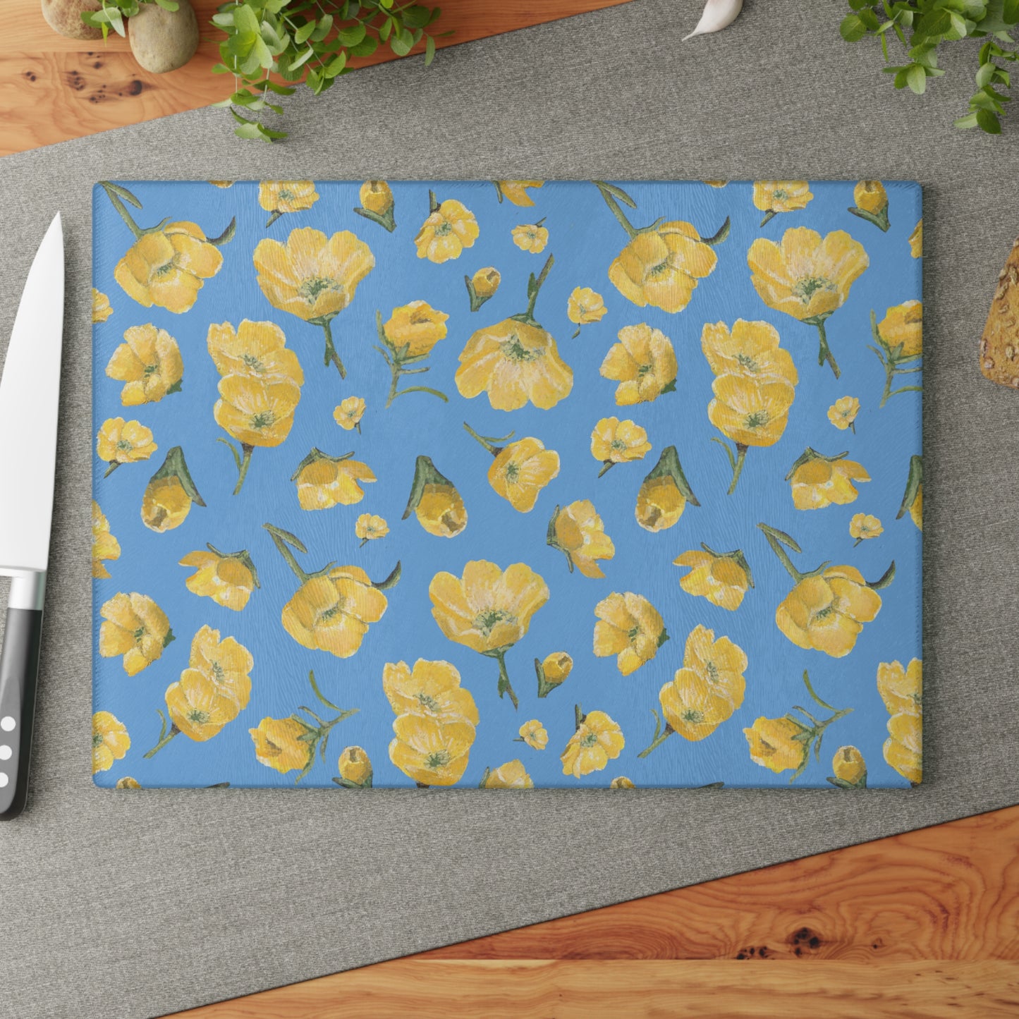 Glass Cutting Board, Kitchen Accessory, Buttercups, Light Blue Background, Oklahoma Wildflower, Yellow Floral