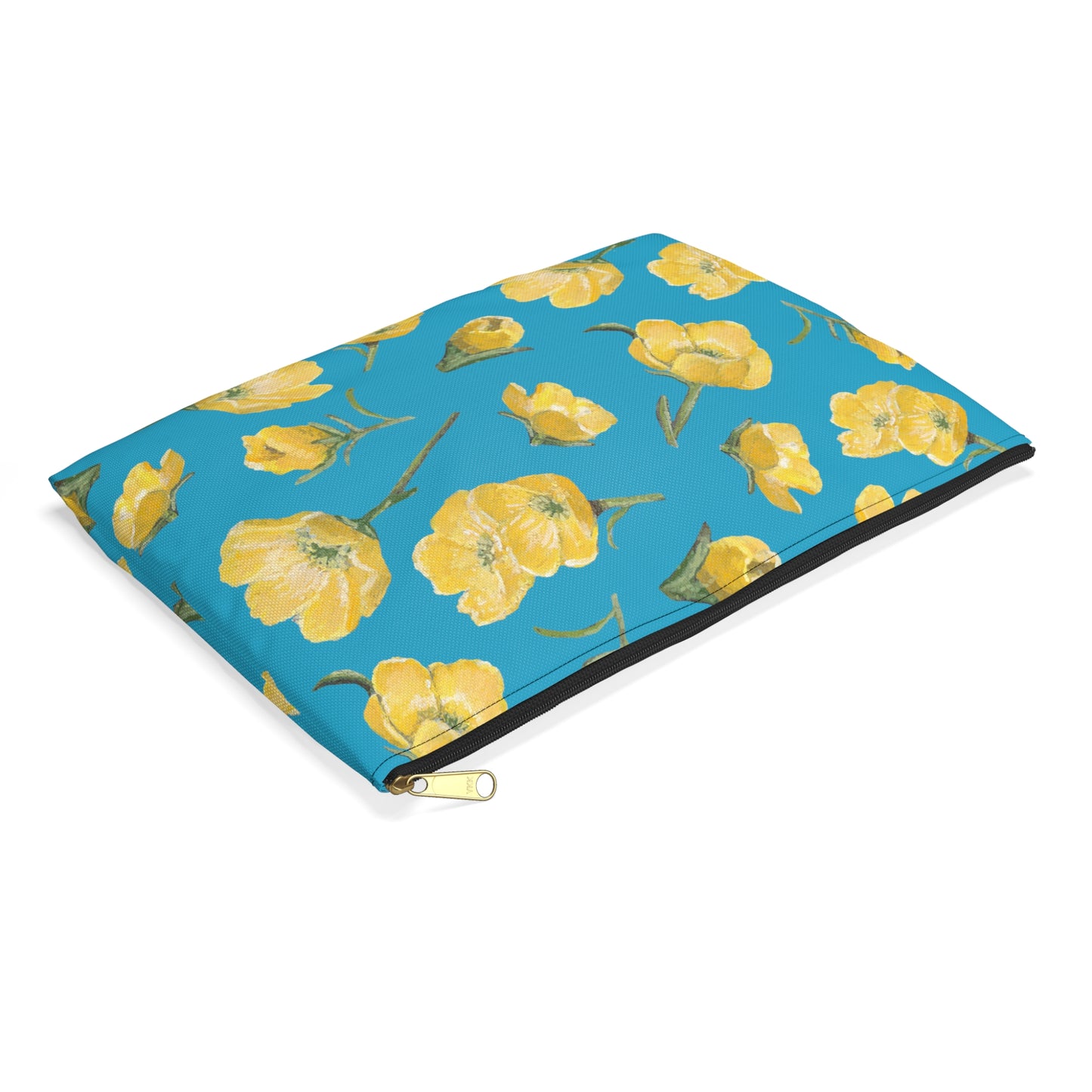 Accessory Pouch, Buttercups, Turquoise Colored Background, Oklahoma Wildflower, Yellow Floral