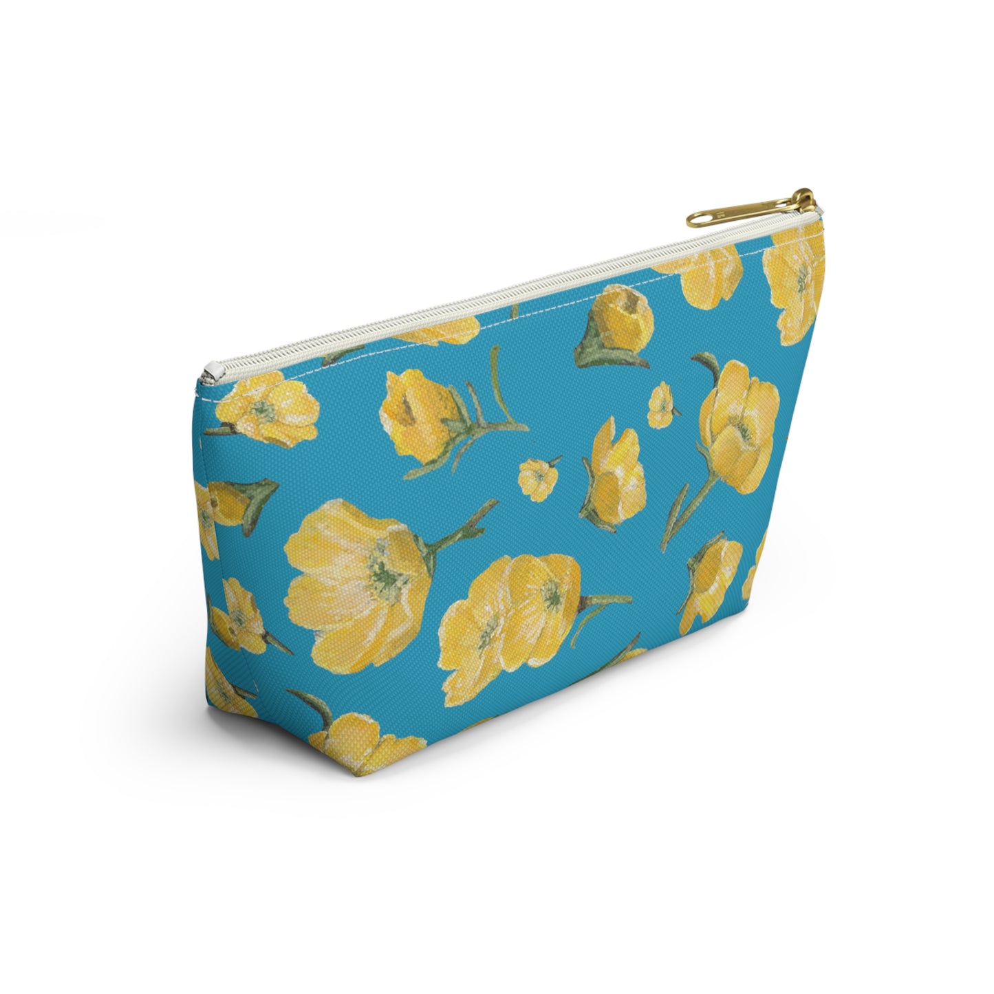 Accessory Pouch w T-bottom, Buttercups, Turquoise Colored Background, Oklahoma Wildflower, Yellow Floral