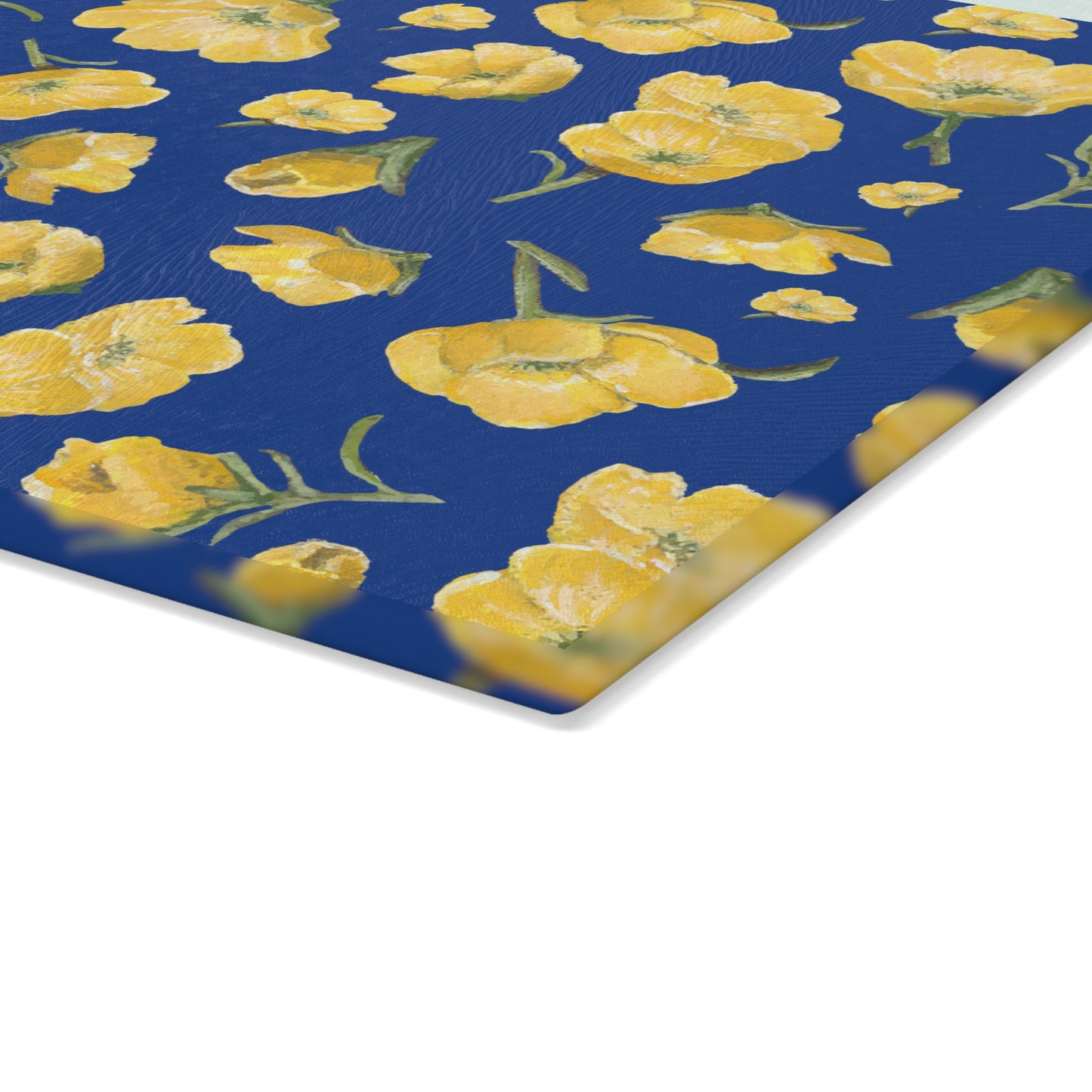 Glass Cutting Board, Kitchen Accessory, Buttercups, Dark Blue Background, Oklahoma Wildflower, Yellow Floral