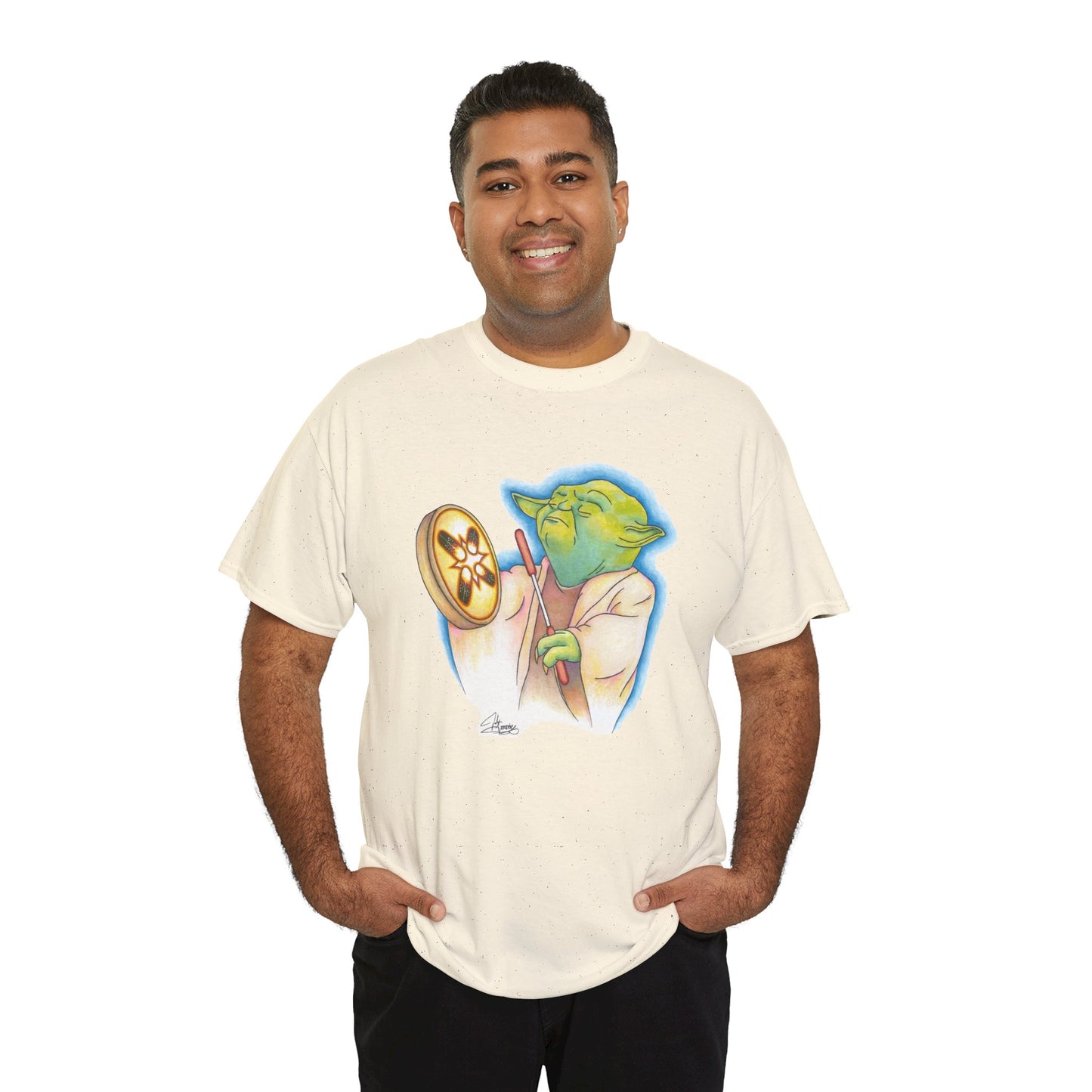 Unisex Heavy Cotton Tee, Native Alien With Hand Drum, Song From Long Ago, Native American Pop Art, Indigenous Humor