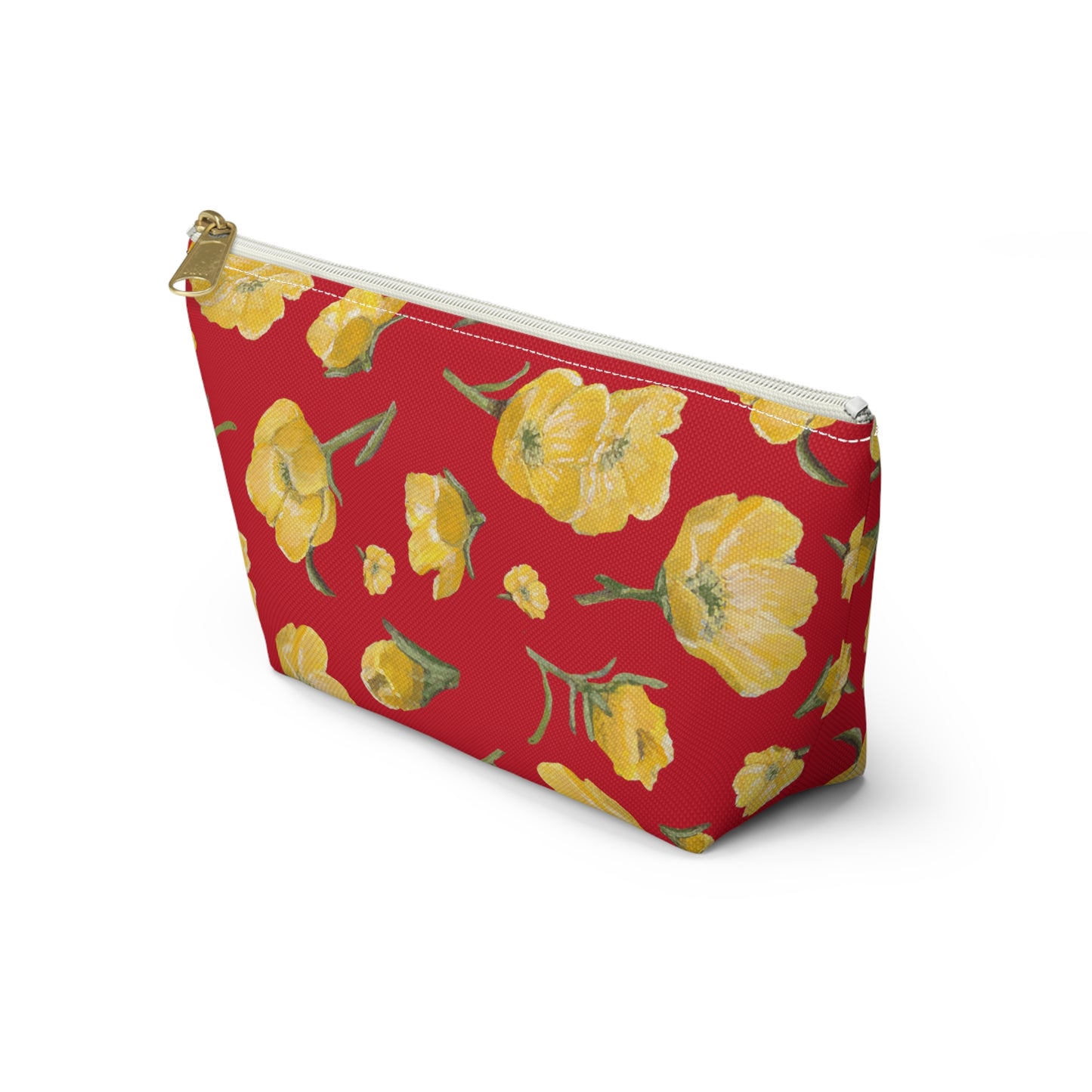 Accessory Pouch w T-bottom, Buttercups, Red Background, Oklahoma Wildflower, Yellow Floral