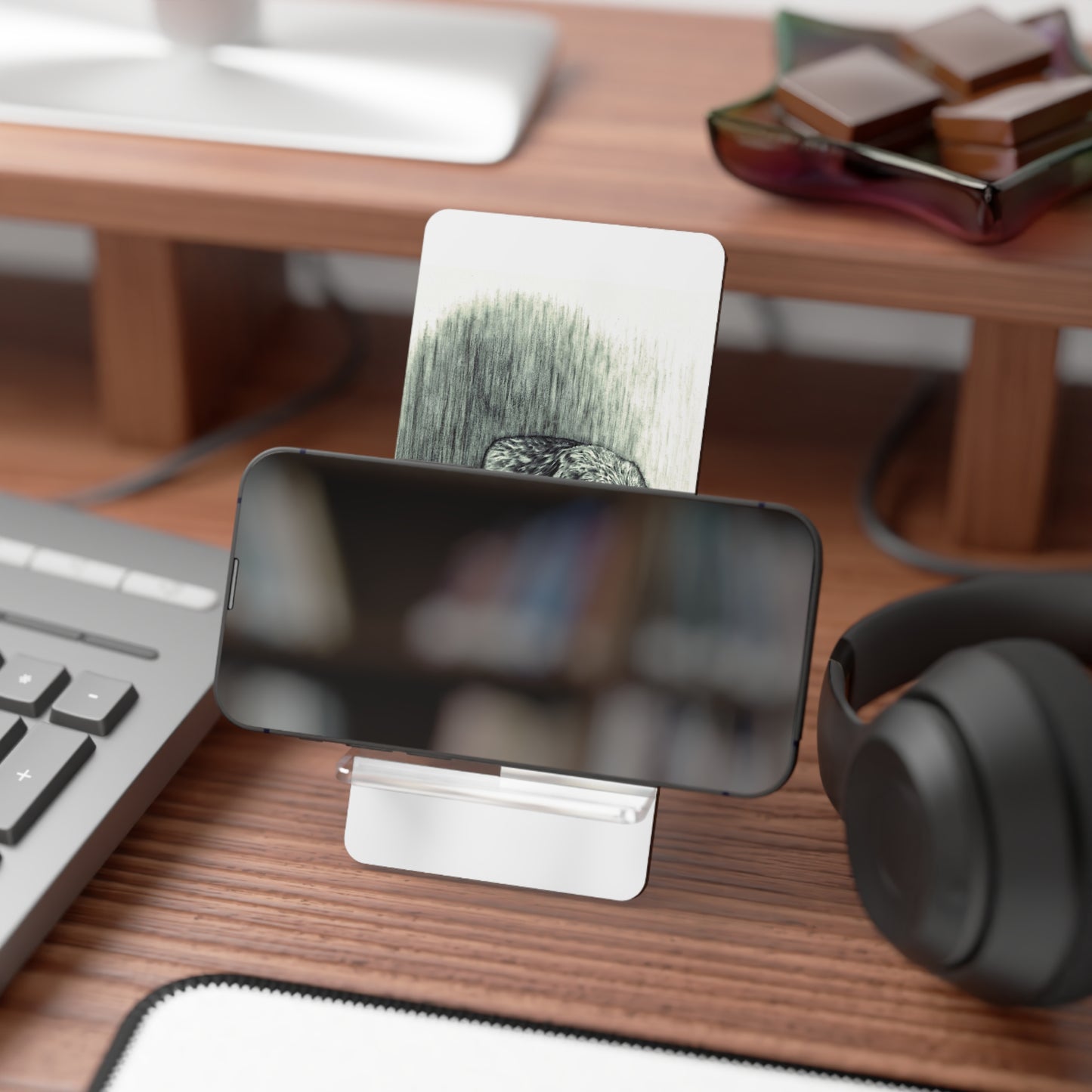Mobile Display Stand for Smartphones, Wolf Art, Black and White Wolf, "Believing is Seeing", Cell Phone Stand