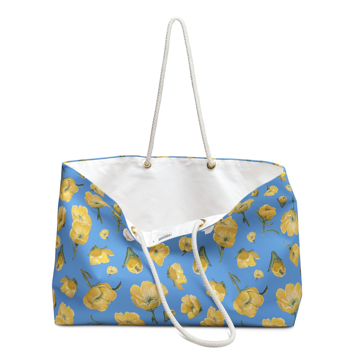 Weekender Bag, Buttercups, Light Blue Background, Oklahoma Wildflower, Yellow Floral