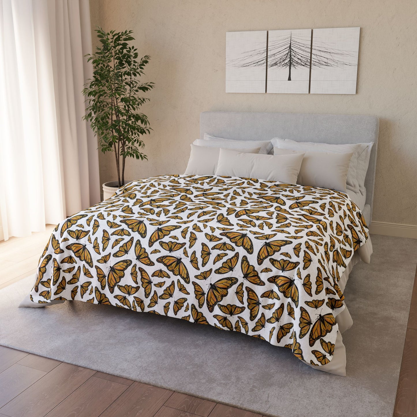 Fleece Sherpa Blanket, Monarchs, White background, Butterflies