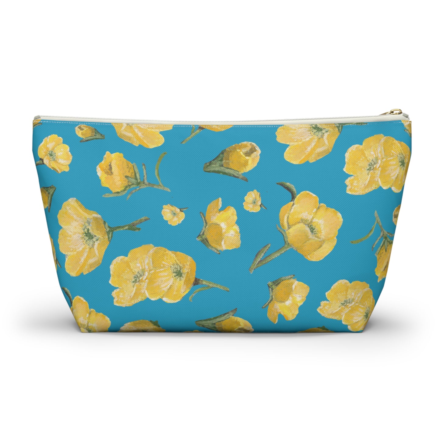 Accessory Pouch w T-bottom, Buttercups, Turquoise Colored Background, Oklahoma Wildflower, Yellow Floral