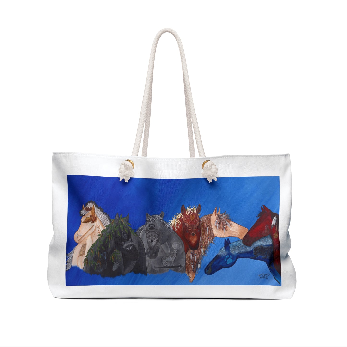 Weekender Tote Bag, Cherokee Seven Clans, Native American art with horses, "Galiquogi" or "Seven"