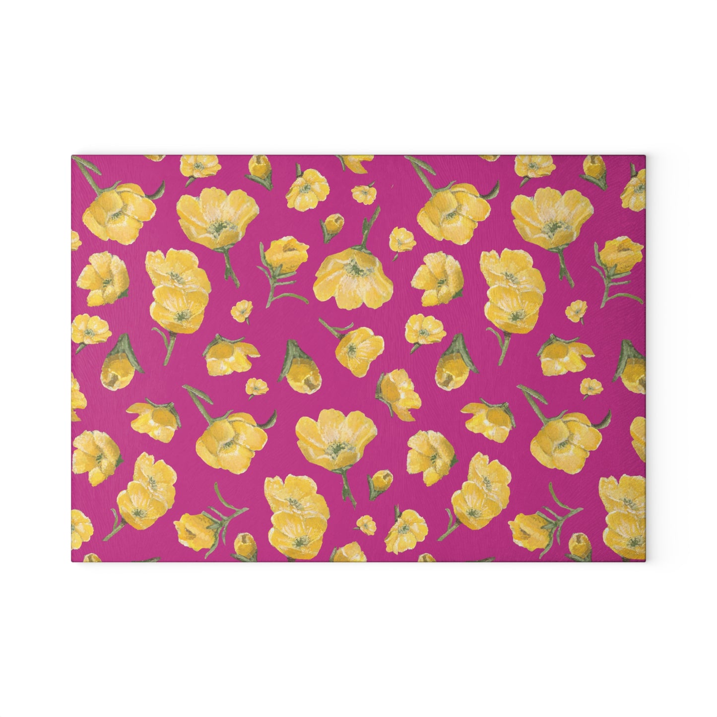 Glass Cutting Board, Kitchen Accessory, Buttercups, Hot Pink Background, Oklahoma Wildflower, Yellow Floral