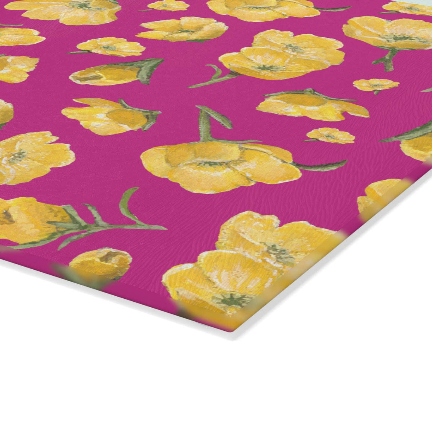 Glass Cutting Board, Kitchen Accessory, Buttercups, Hot Pink Background, Oklahoma Wildflower, Yellow Floral