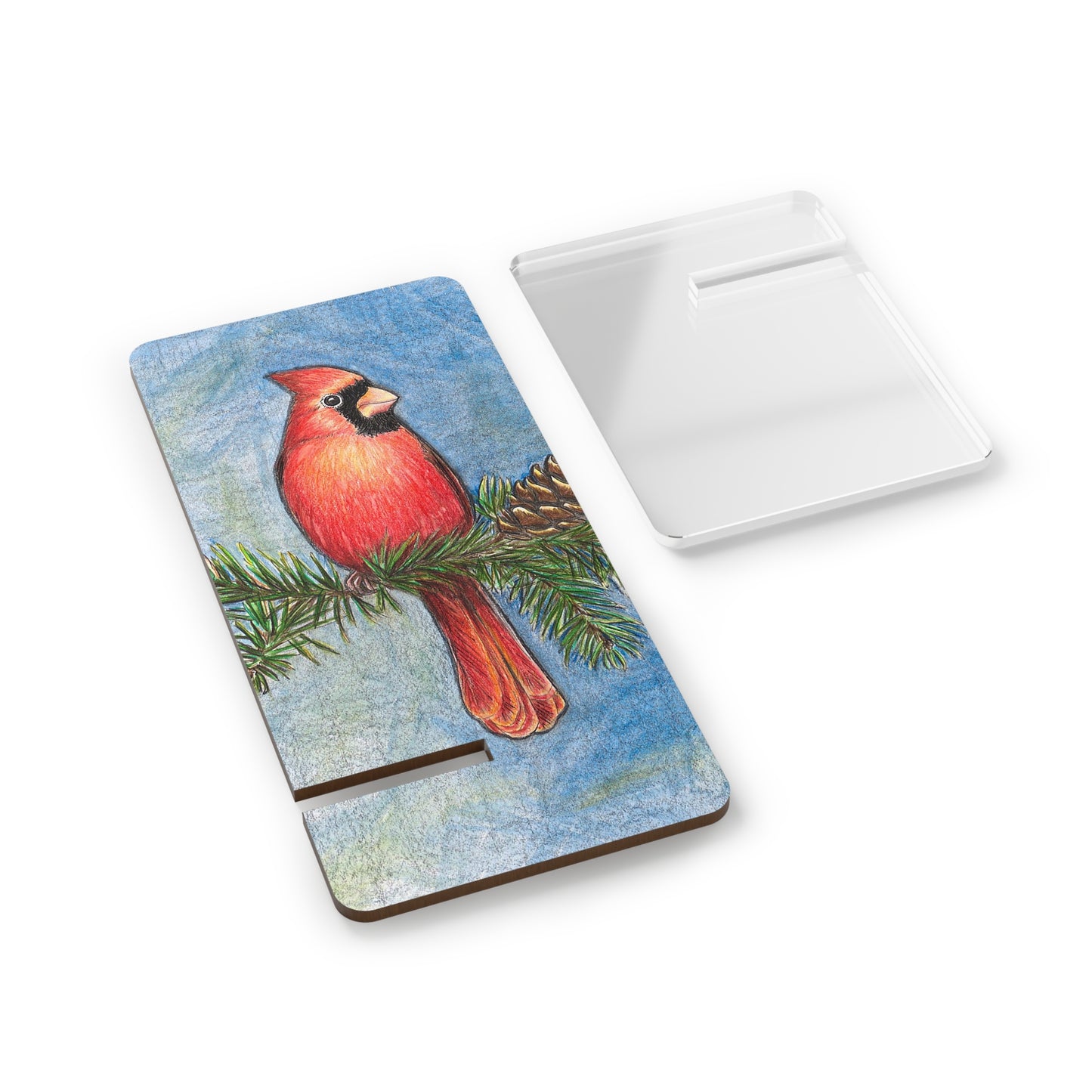 Mobile Display Stand for Smartphones, Cardinal on Pine Branch, "Totsuwa", Cell Phone Holder, Wild Bird, Cardinal Art