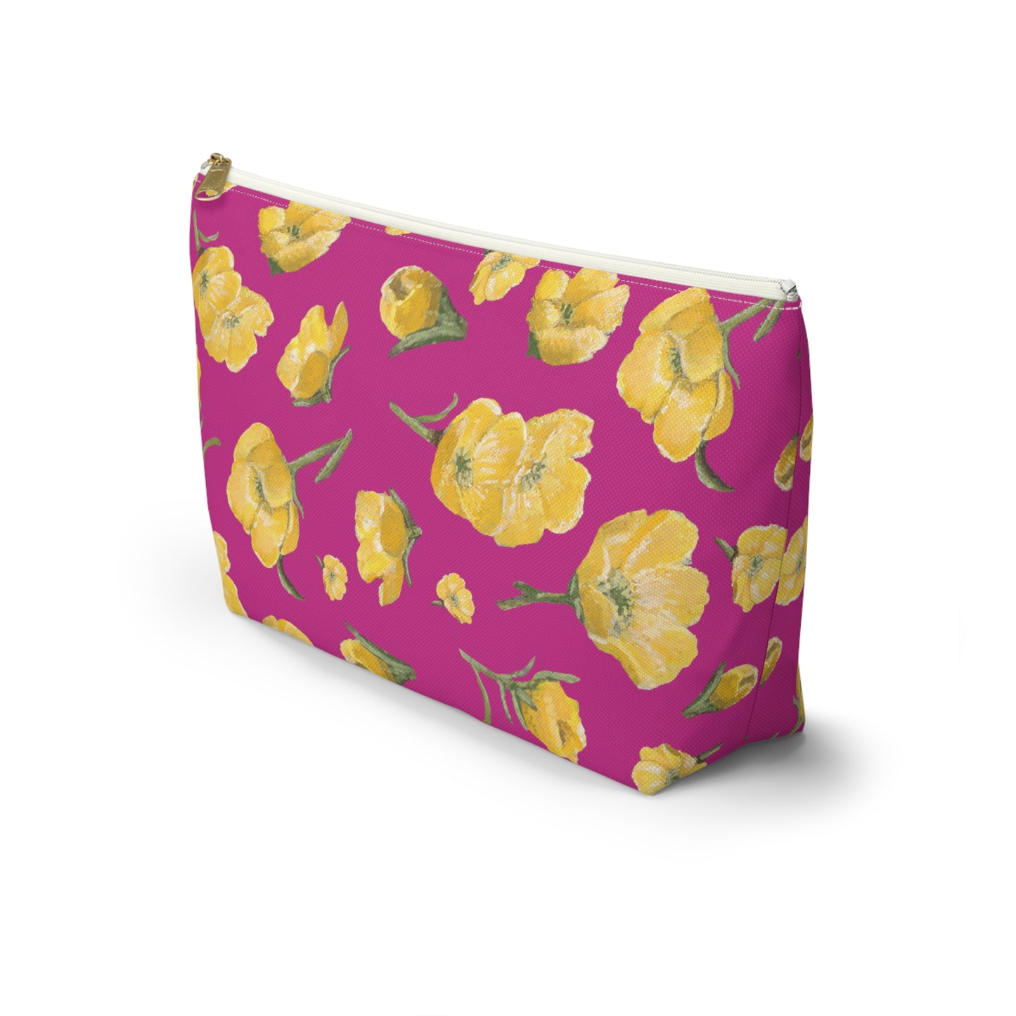 Accessory Pouch w T-bottom, Buttercups, Hot Pink Background, Oklahoma Wildflower, Yellow Floral
