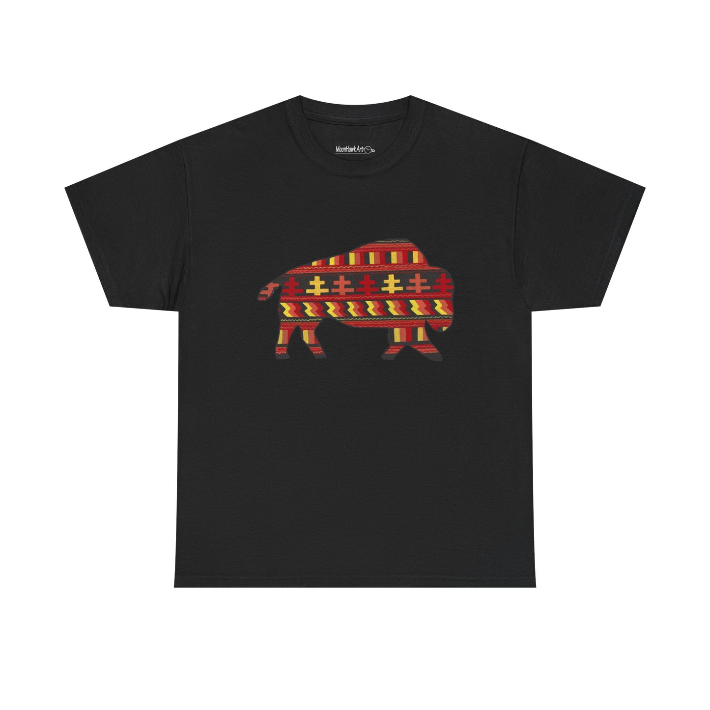 Unisex Heavy Cotton Tee, Seminole Patchwork Patterned Bison, Tribal Motif, Native Design, Indigenous Buffalo