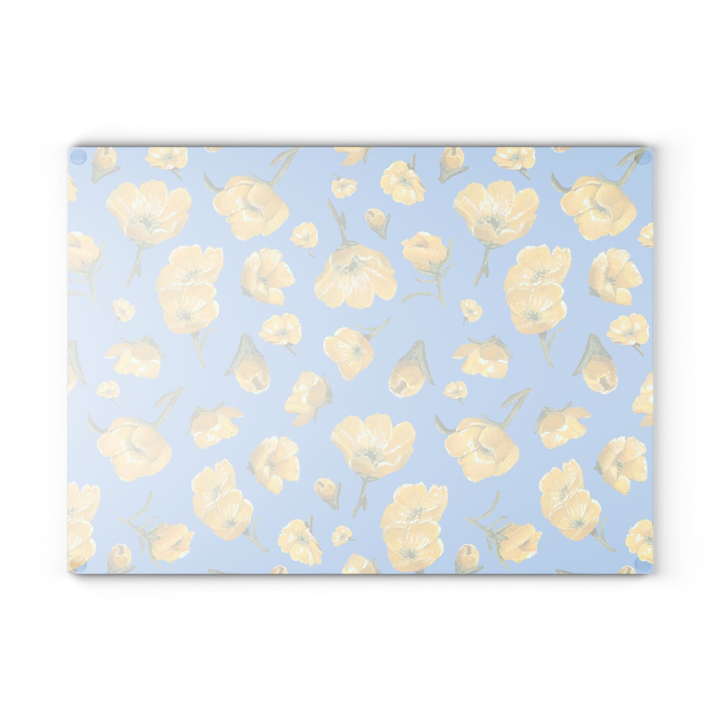 Glass Cutting Board, Kitchen Accessory, Buttercups, Light Blue Background, Oklahoma Wildflower, Yellow Floral