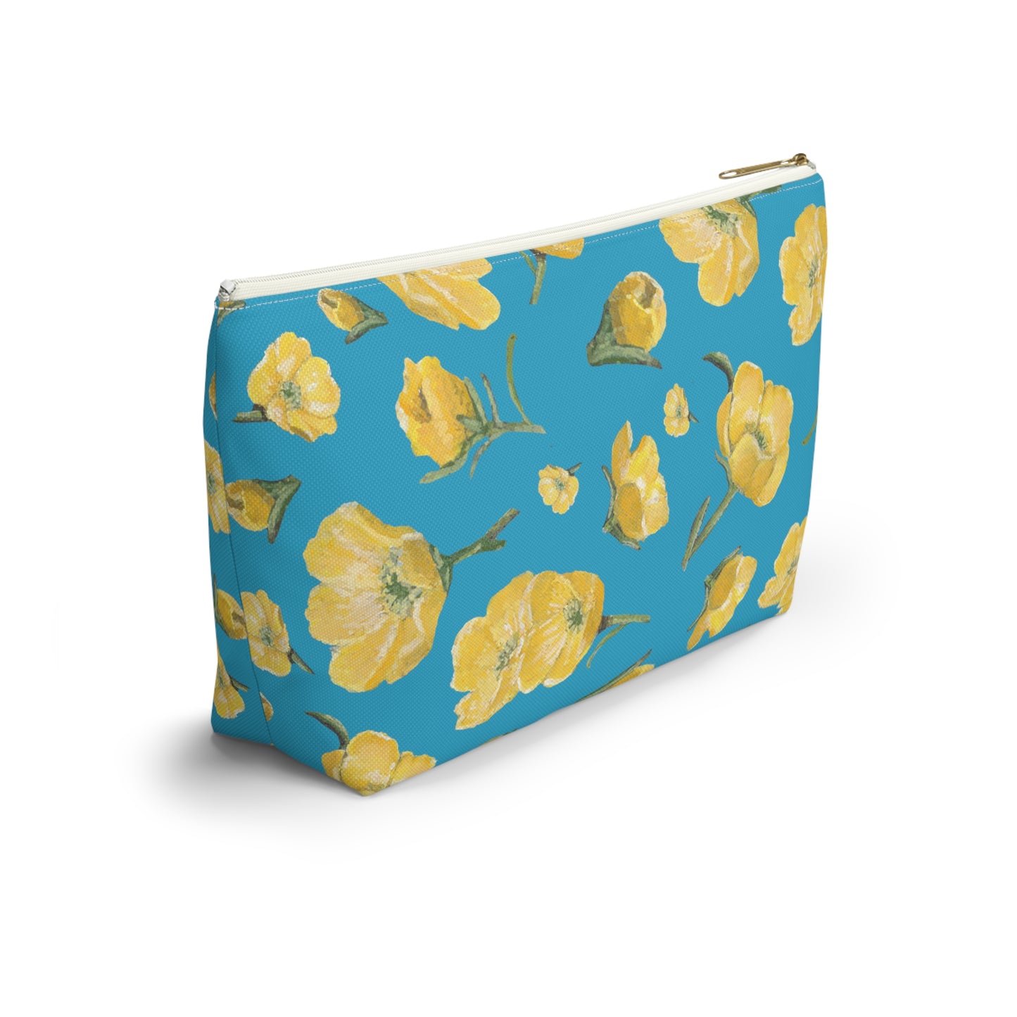 Accessory Pouch w T-bottom, Buttercups, Turquoise Colored Background, Oklahoma Wildflower, Yellow Floral