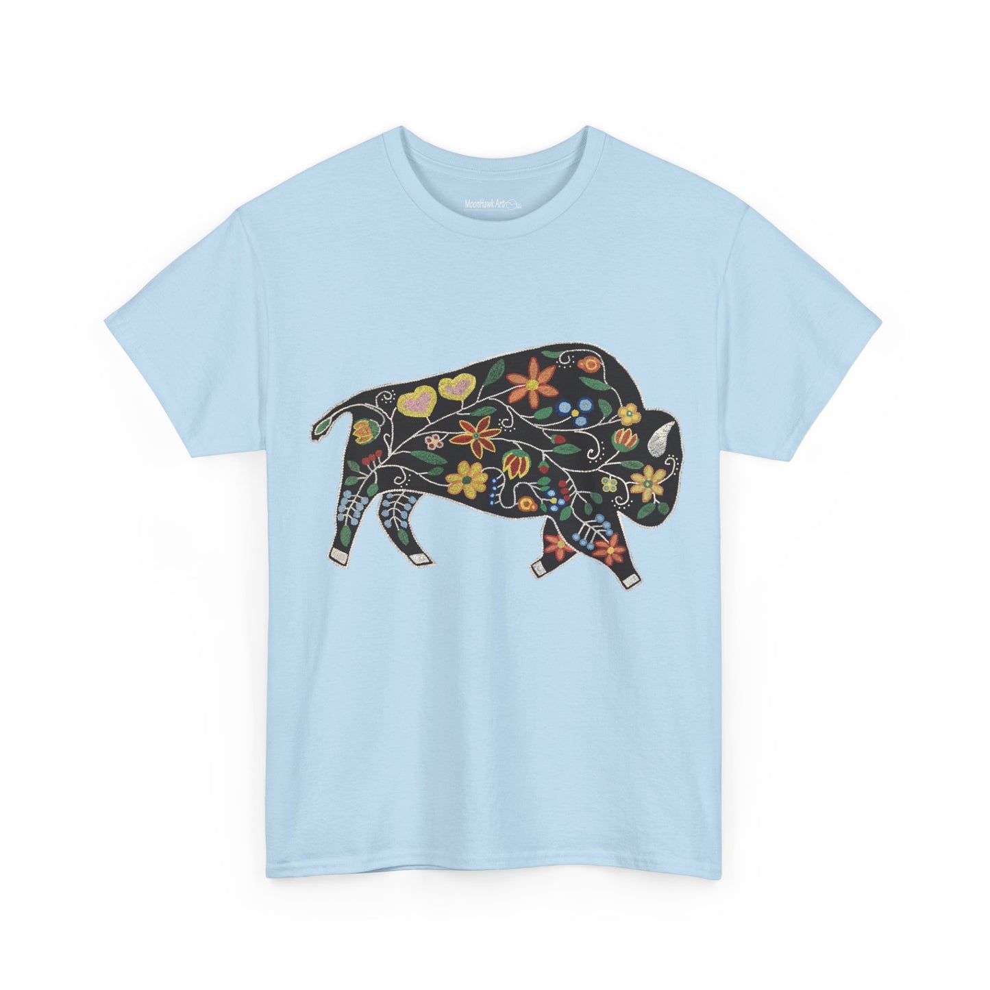 Unisex Heavy Cotton Tee, Native Beaded Floral Bison Design