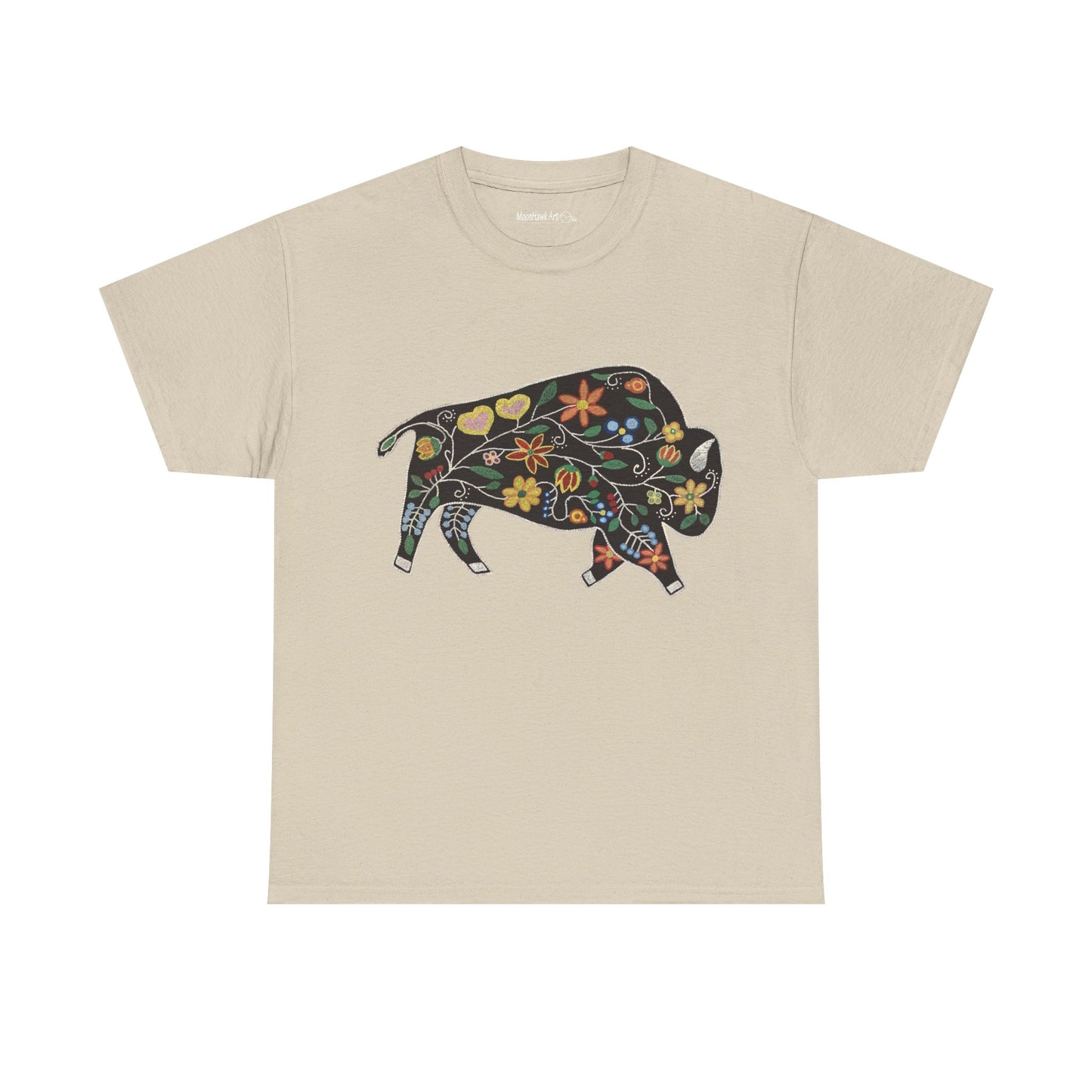 Unisex Heavy Cotton Tee, Native Beaded Floral Bison Design
