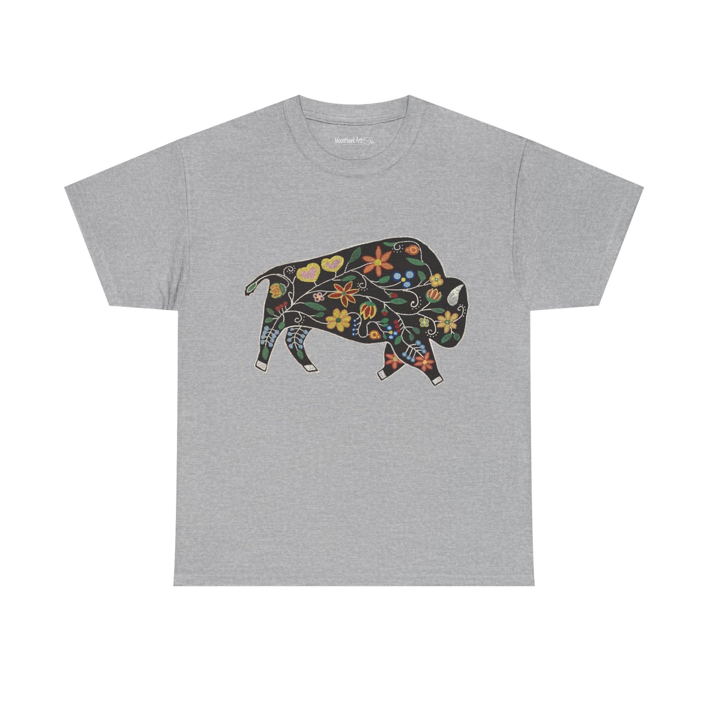 Unisex Heavy Cotton Tee, Native Beaded Floral Bison Design