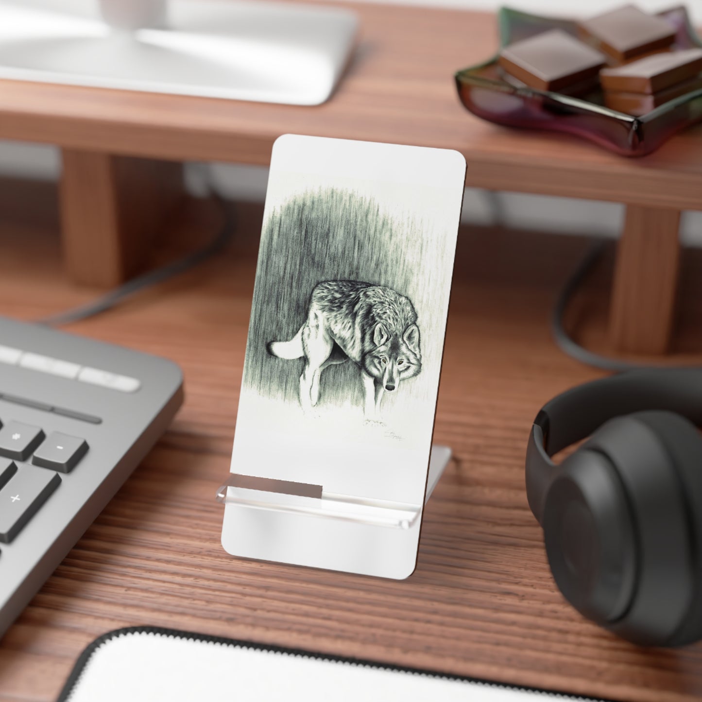 Mobile Display Stand for Smartphones, Wolf Art, Black and White Wolf, "Believing is Seeing", Cell Phone Stand