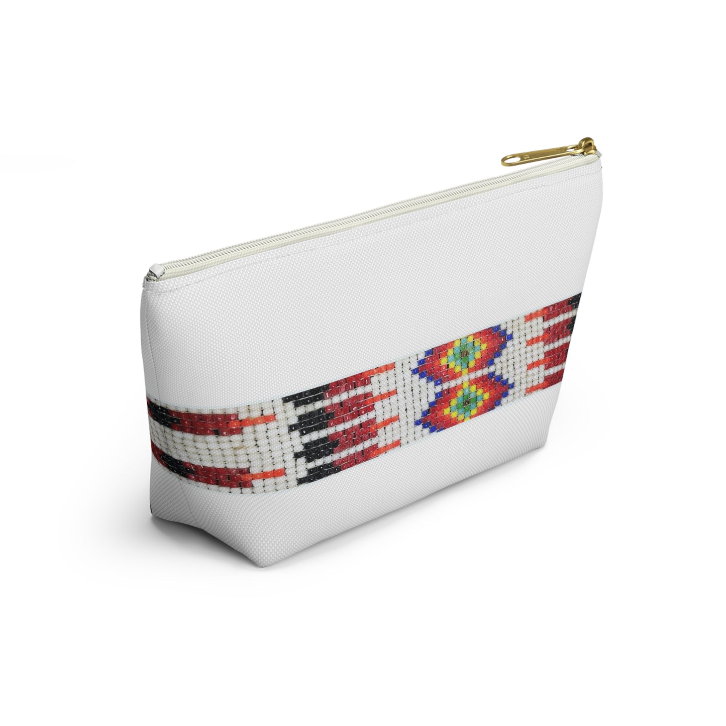 Accessory Pouch w T-bottom, PRINTED Native American bead design, cosmetic bag, pencil pouch, make-up zipper bag