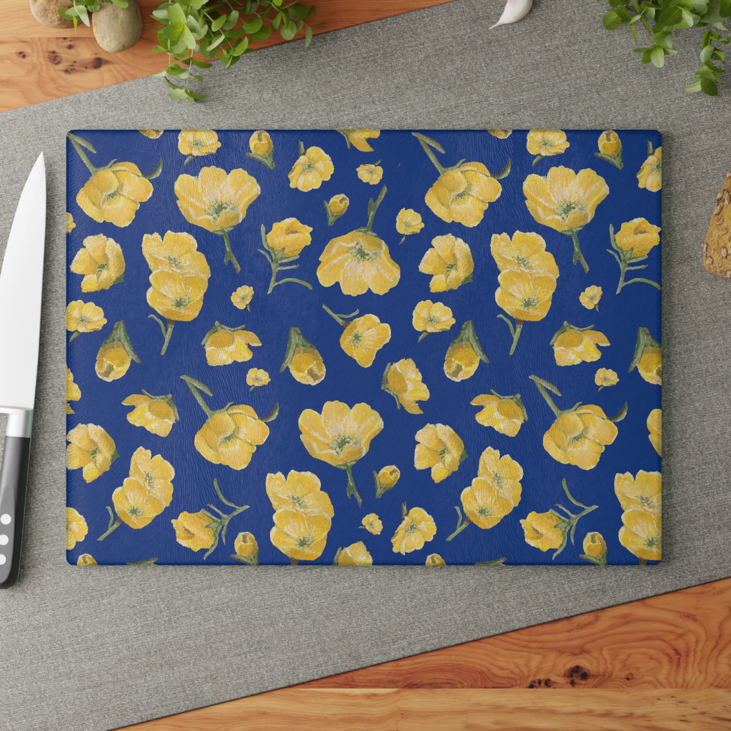Glass Cutting Board, Kitchen Accessory, Buttercups, Dark Blue Background, Oklahoma Wildflower, Yellow Floral