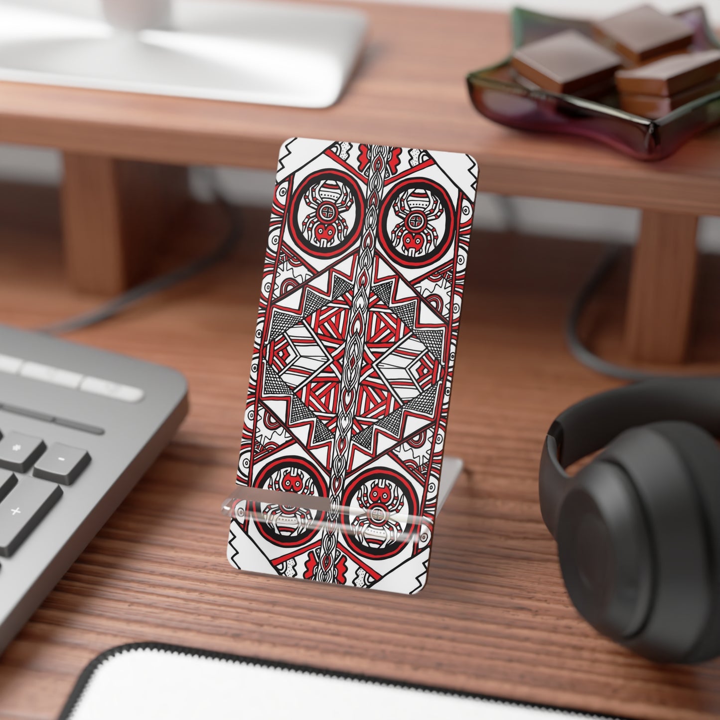 Mobile Display Stand for Smartphones, SouthEast Spider Motif, Grandmother Spider, Native Design, Ancient Tribal Mound Symbols