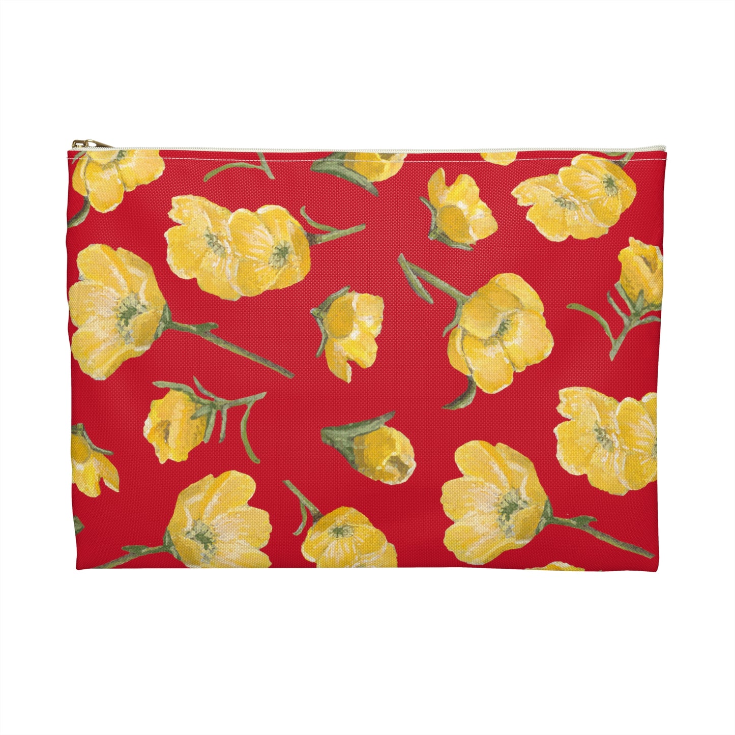Accessory Pouch, Buttercups, Red Background, Oklahoma Wildflower, Yellow Floral