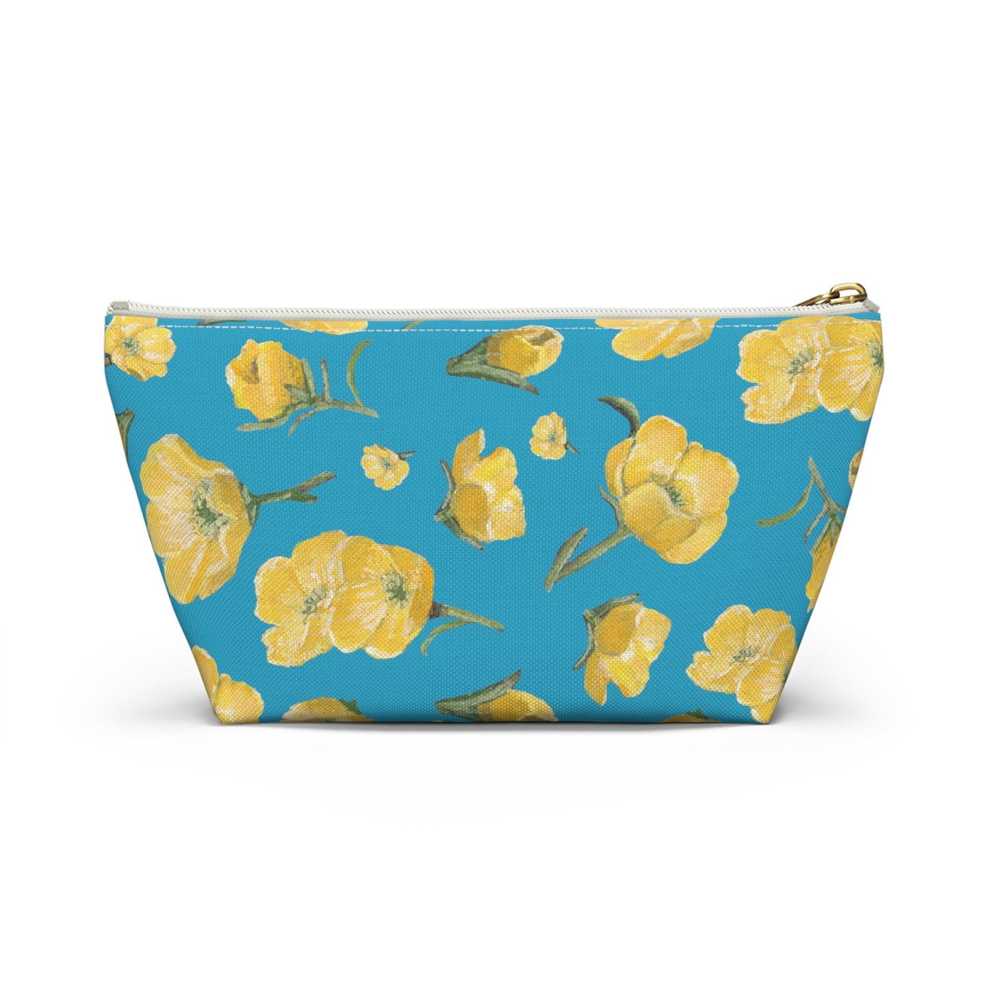 Accessory Pouch w T-bottom, Buttercups, Turquoise Colored Background, Oklahoma Wildflower, Yellow Floral