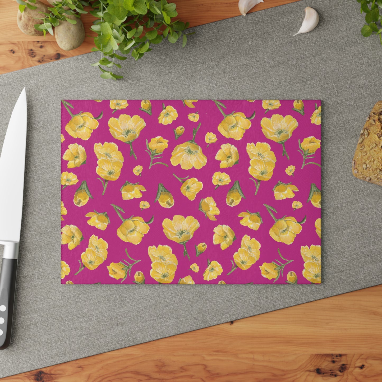 Glass Cutting Board, Kitchen Accessory, Buttercups, Hot Pink Background, Oklahoma Wildflower, Yellow Floral