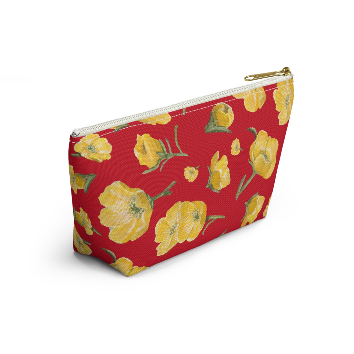 Accessory Pouch w T-bottom, Buttercups, Red Background, Oklahoma Wildflower, Yellow Floral