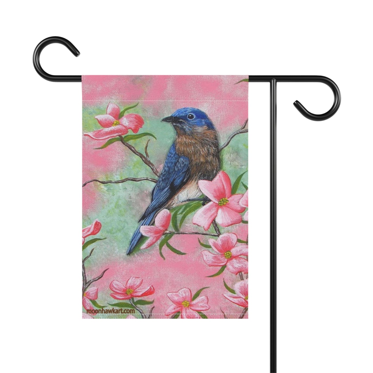 Garden & House Banner with Eastern Bluebird on Pink Dogwood