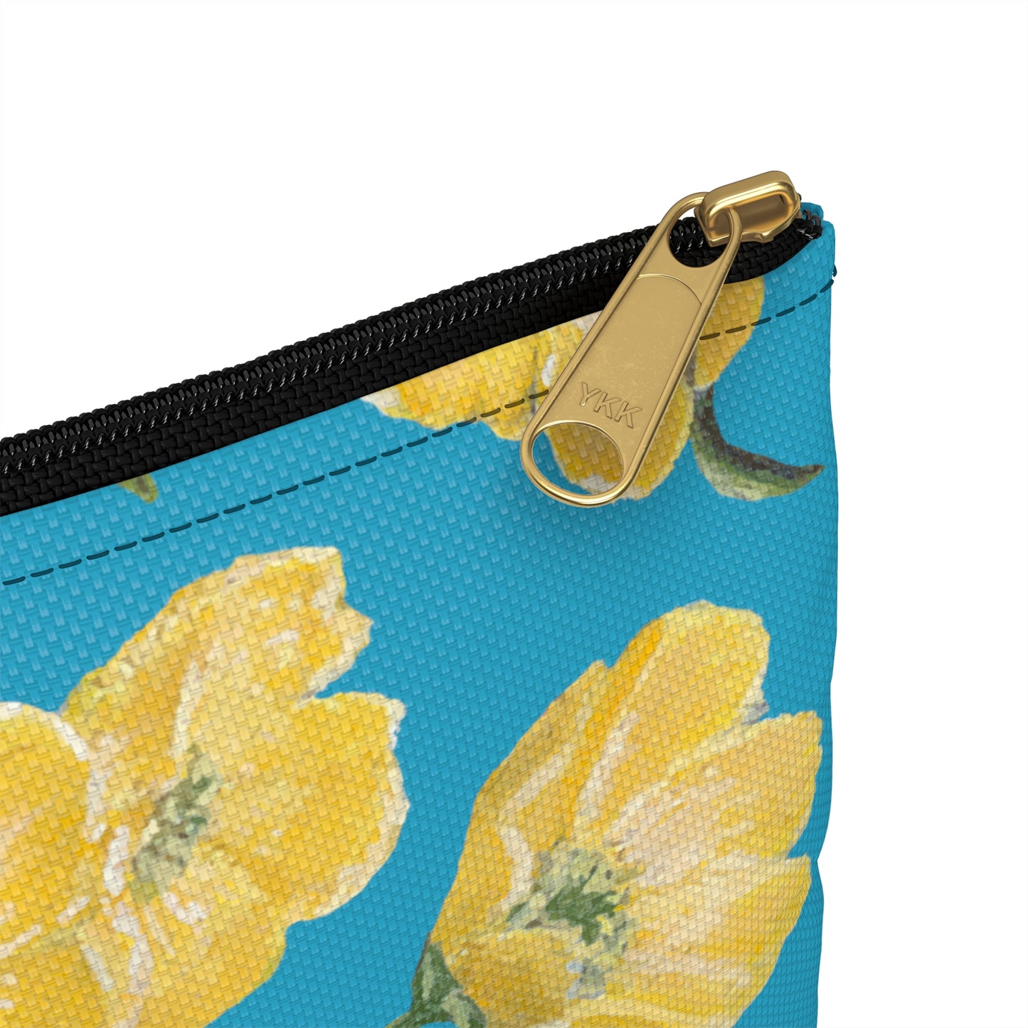 Accessory Pouch, Buttercups, Turquoise Colored Background, Oklahoma Wildflower, Yellow Floral