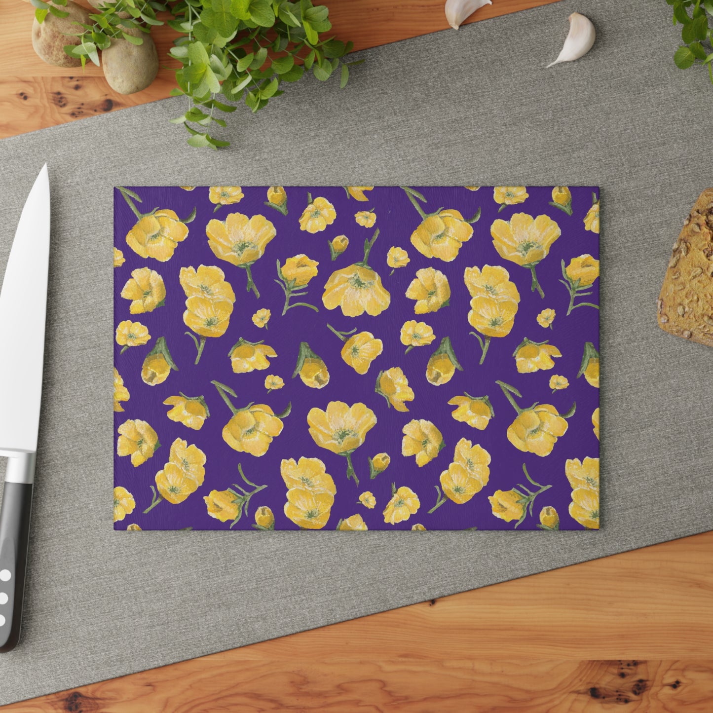 Glass Cutting Board, Kitchen Accessory, Buttercups, Purple Background, Oklahoma Wildflower, Yellow Floral