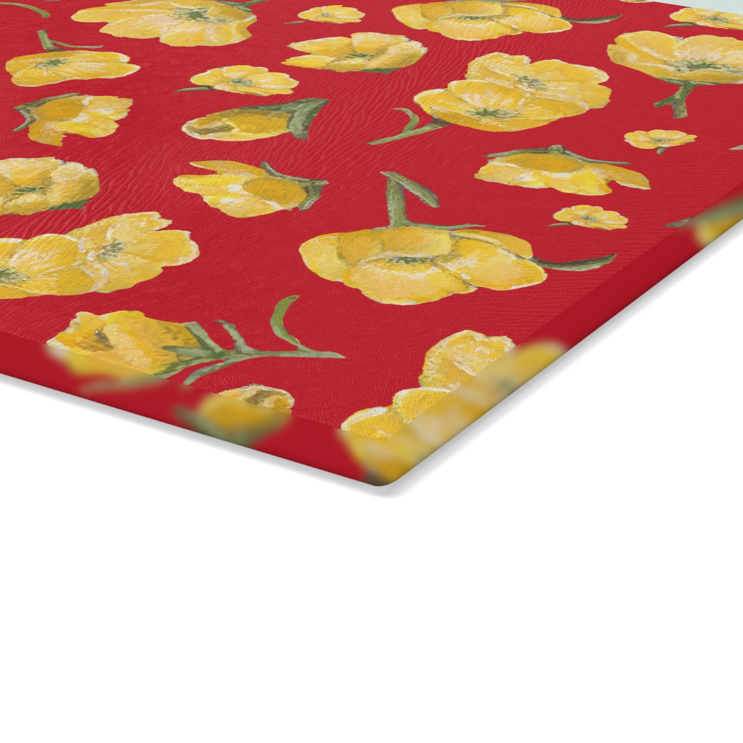 Glass Cutting Board, Kitchen Accessory, Buttercups, Red Background, Oklahoma Wildflower, Yellow Floral