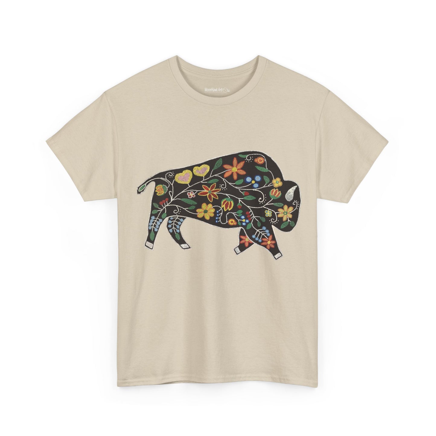 Unisex Heavy Cotton Tee, Native Beaded Floral Bison Design