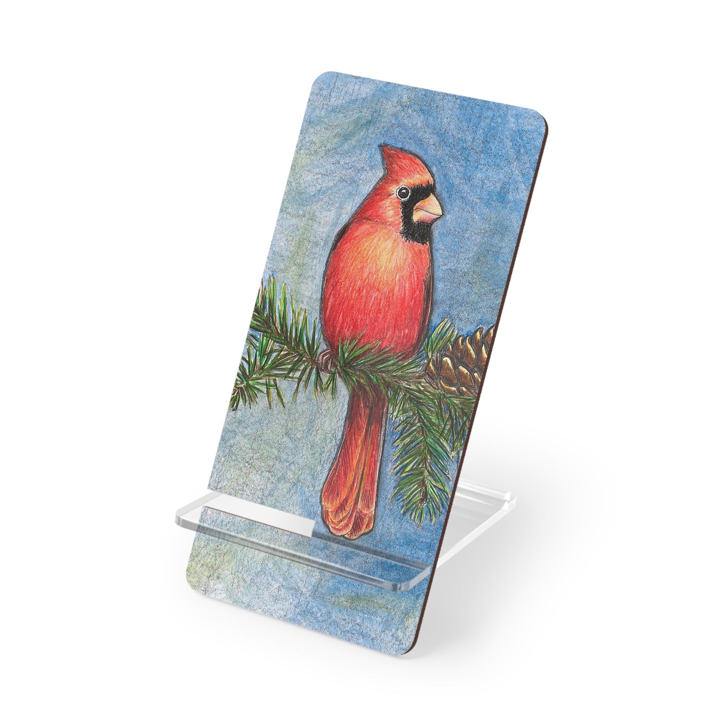 Mobile Display Stand for Smartphones, Cardinal on Pine Branch, "Totsuwa", Cell Phone Holder, Wild Bird, Cardinal Art