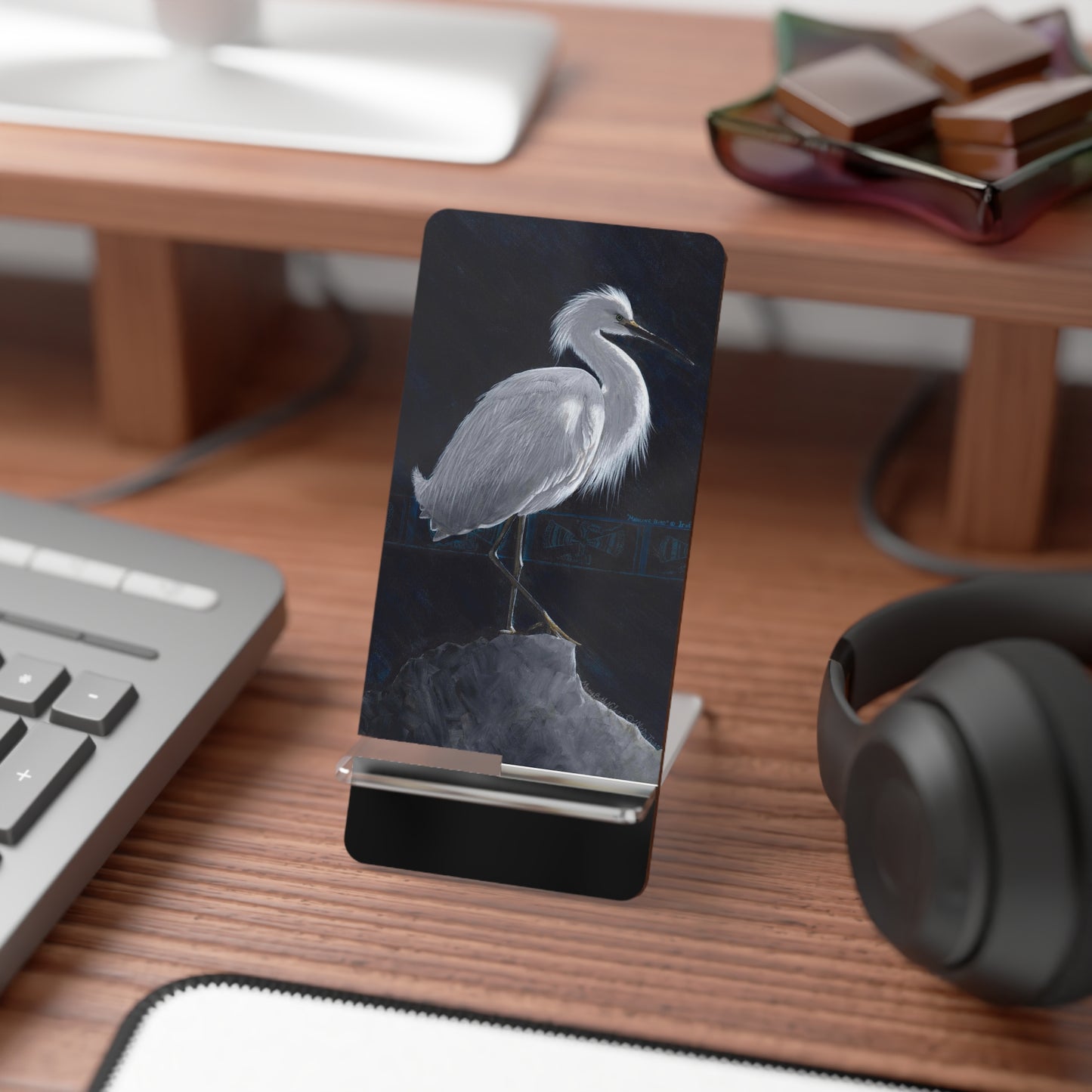 Mobile Display Stand for Smartphones, White Egret, Water Bird, "Medicine Bird", SouthEast Mound Design, Sacred Water Bird Motif, Phone Stand