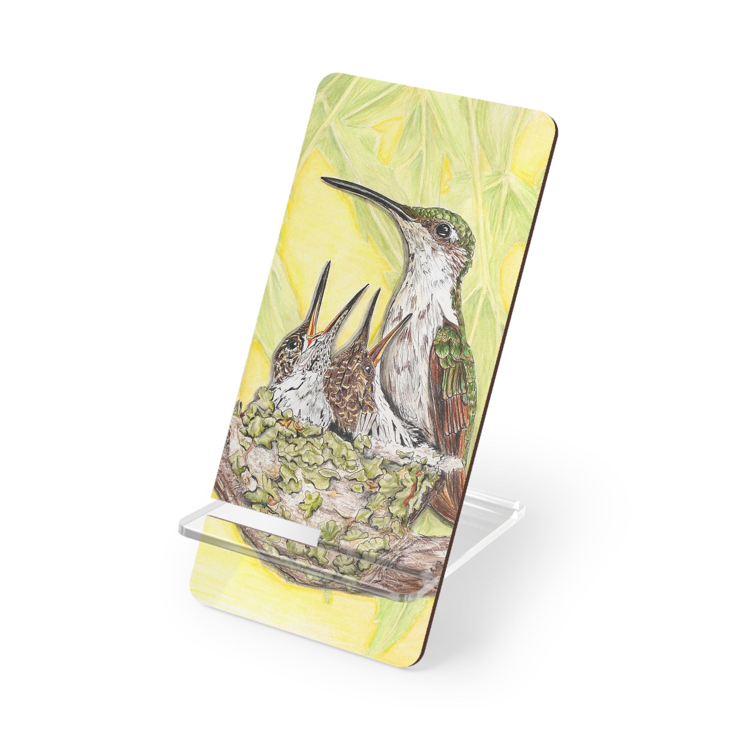 Mobile Display Stand for Smartphones, Mother Hummingbird with Babies & Nest, Hummingbird Art, Wildbird, Oklahoma Wild Bird, Cell Phone Stand