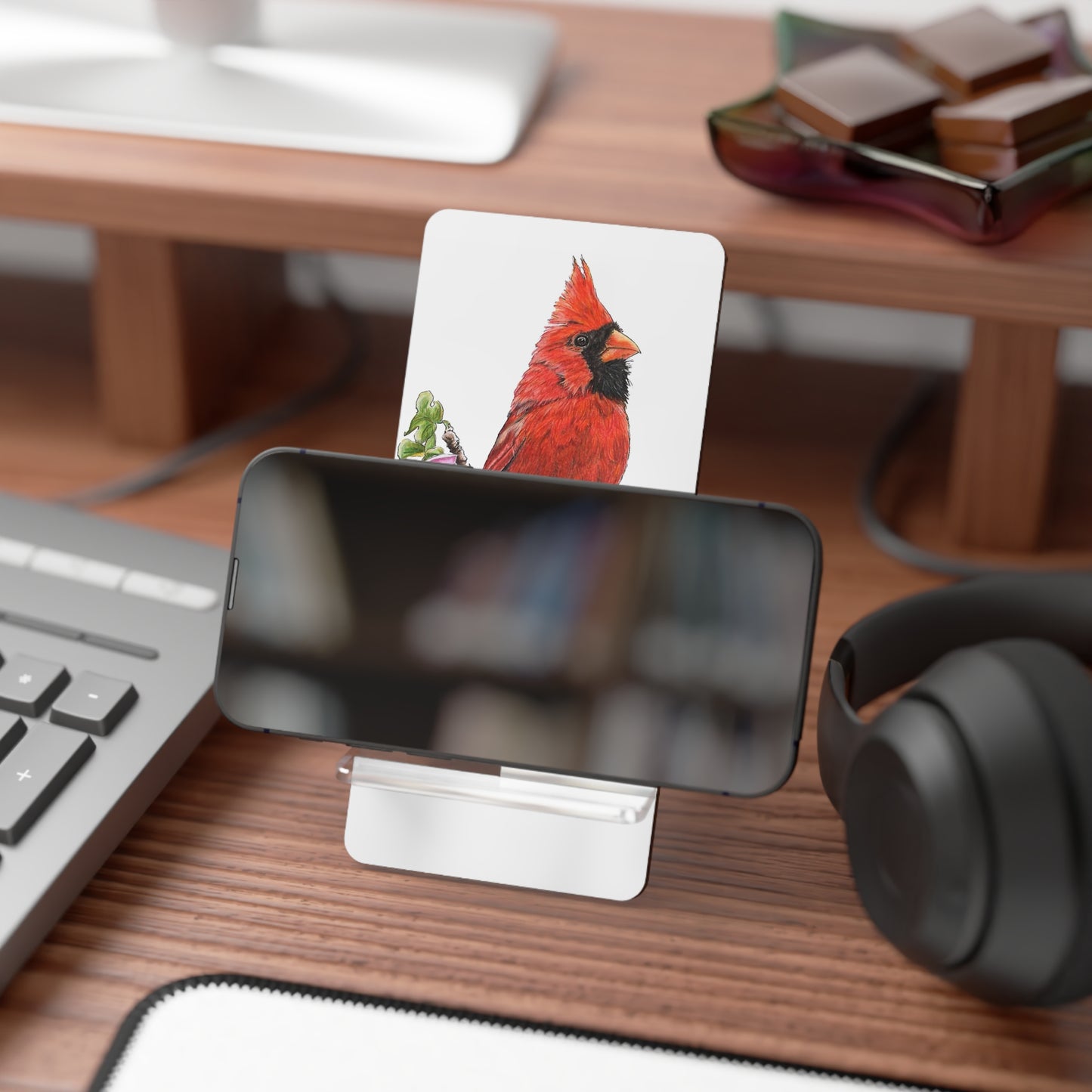 Mobile Display Stand for Smartphones, Northern Cardinal on Pink Floral, "Reflections", Spring Cardinal, Wild Bird, Cardinal Art