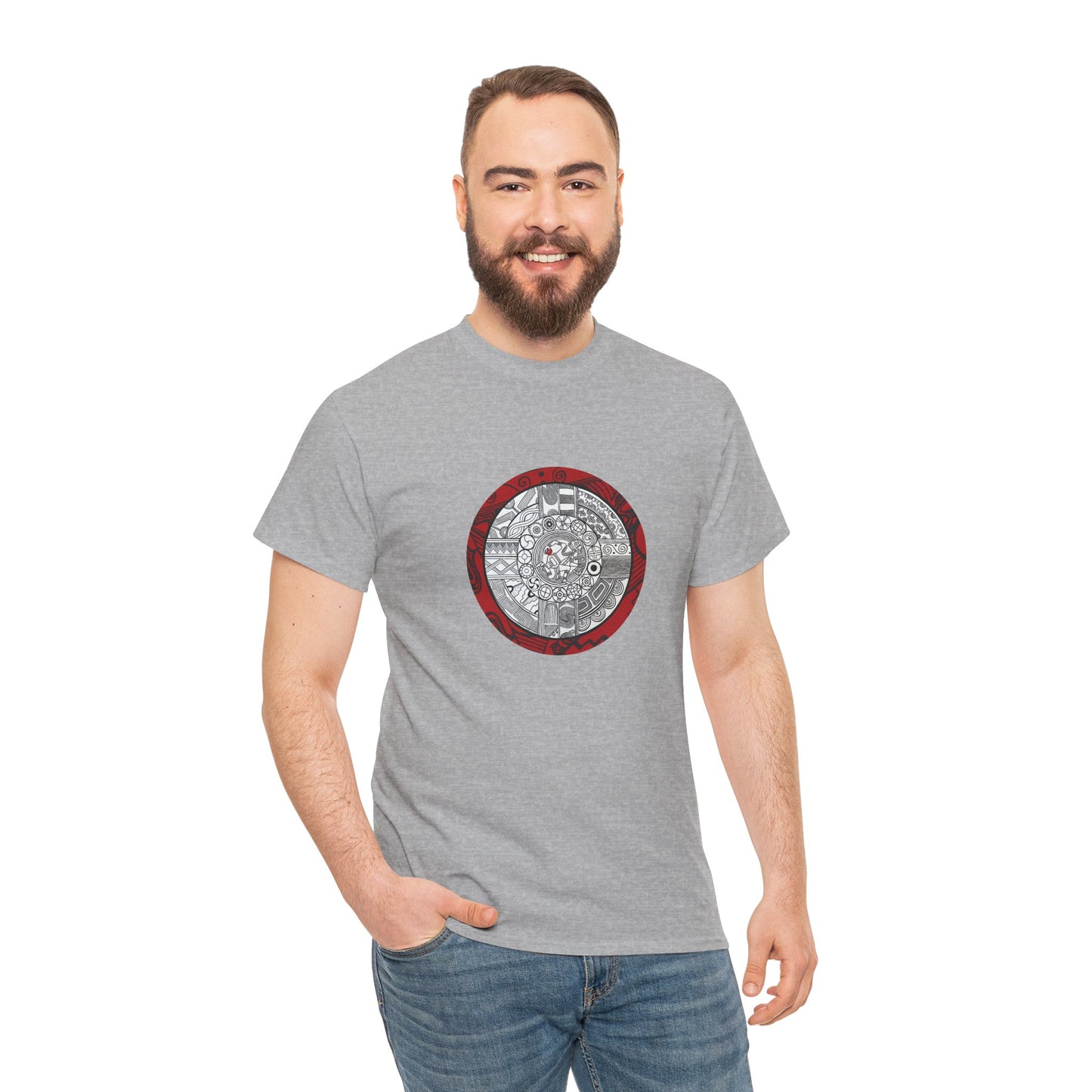 Unisex Heavy Cotton Tee, Southeastern Style, Tribal Motif, Mound Symbols, Cahokia, Chunky Player, Native American Design
